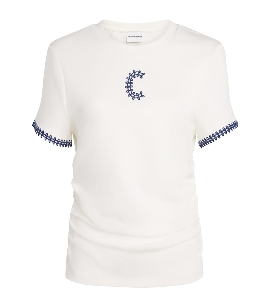 Claudie Pierlot Womens Ruched Embroidered Logo T-Shirt Ecru Image 1
