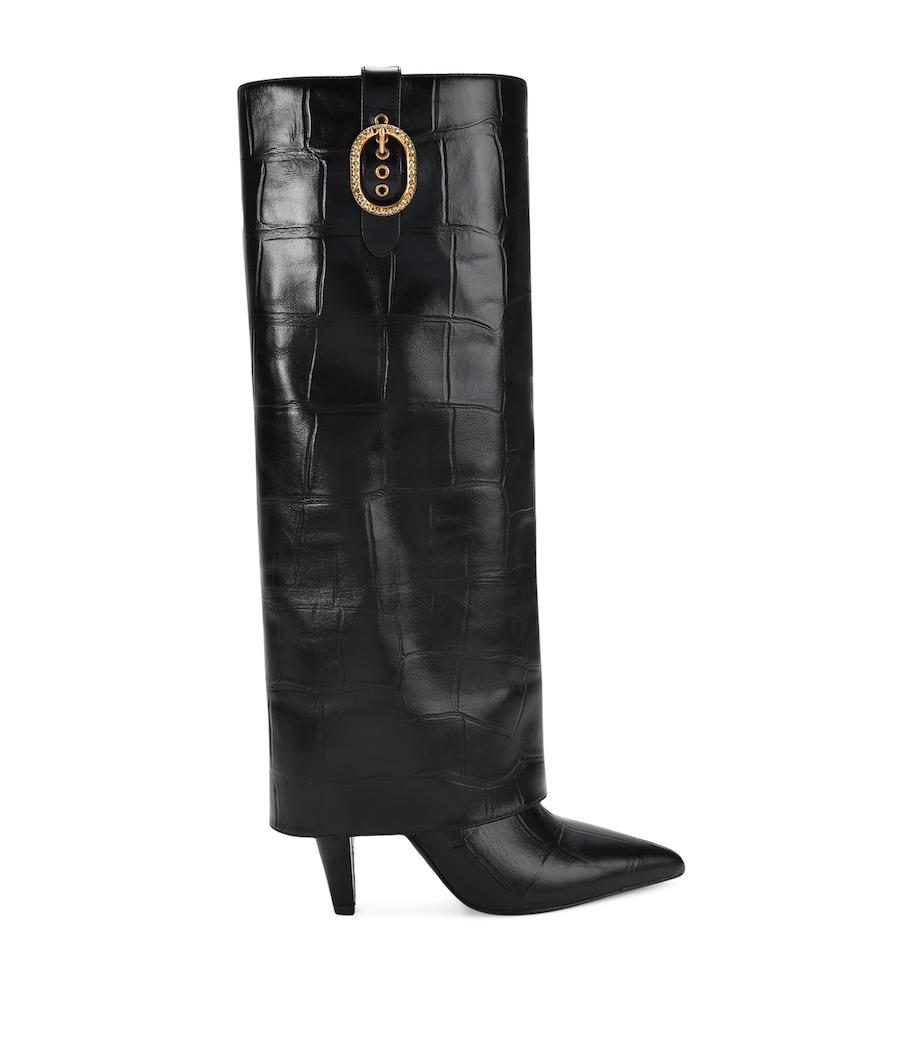 Leather Fold Over Knee-High Boots BLACK Image 1