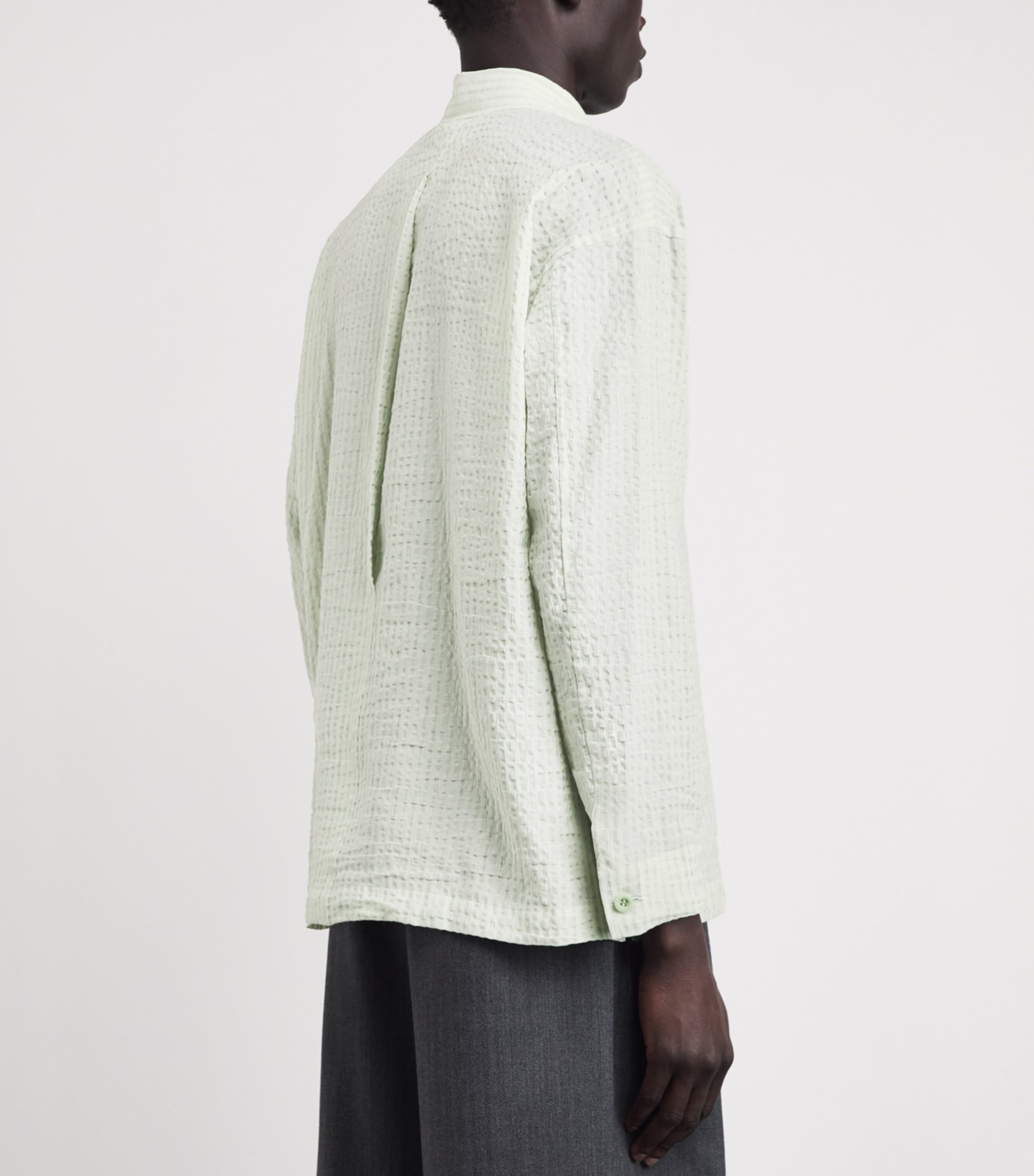 IM MEN Mens Cotton-Linen Stripe Shrink Shirt Sage Green Image 5