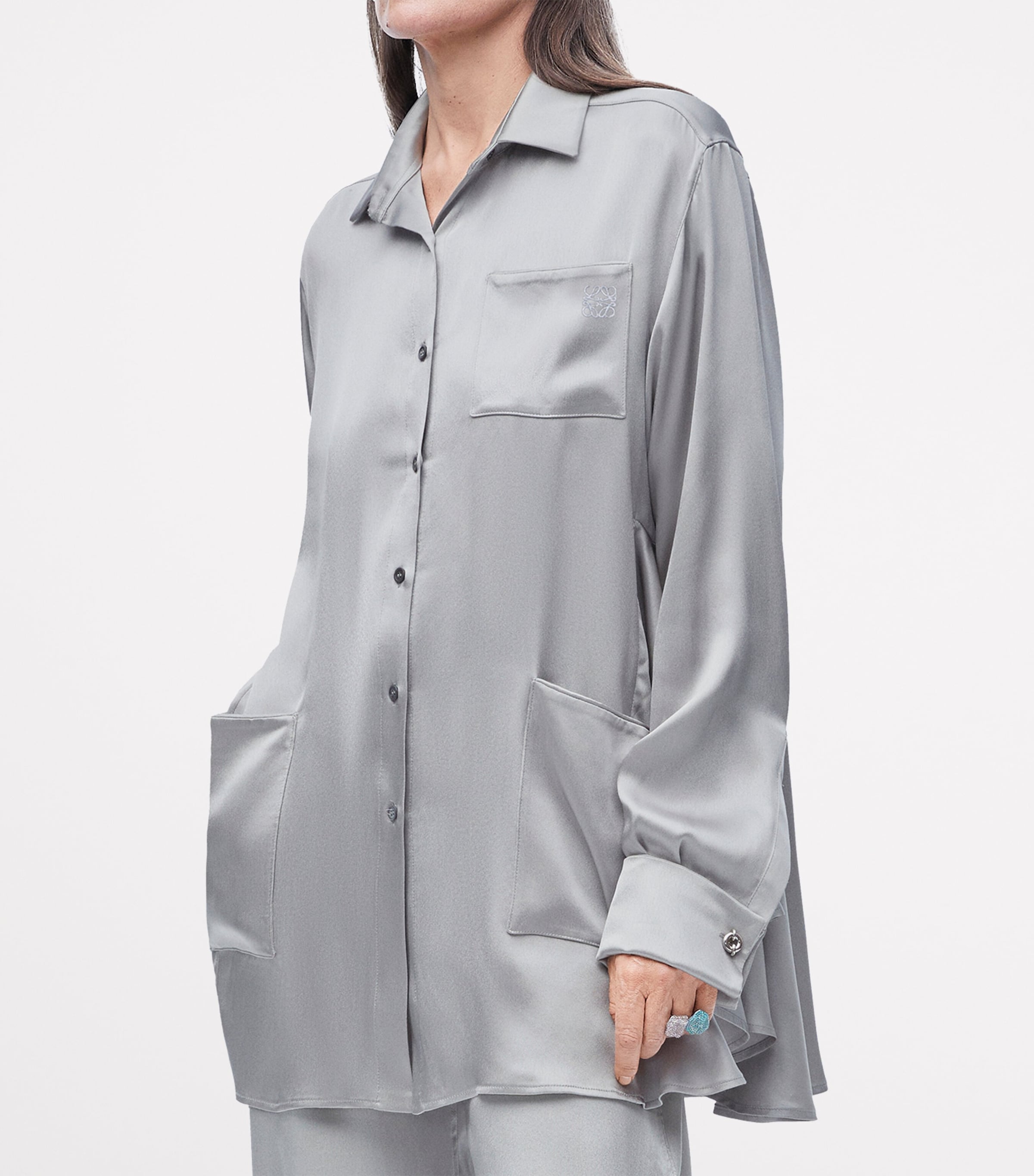 EXCLUSIVE Silk Satin Belted Silver Capsule Pyjama Blouse MOUSE GREY Image 3