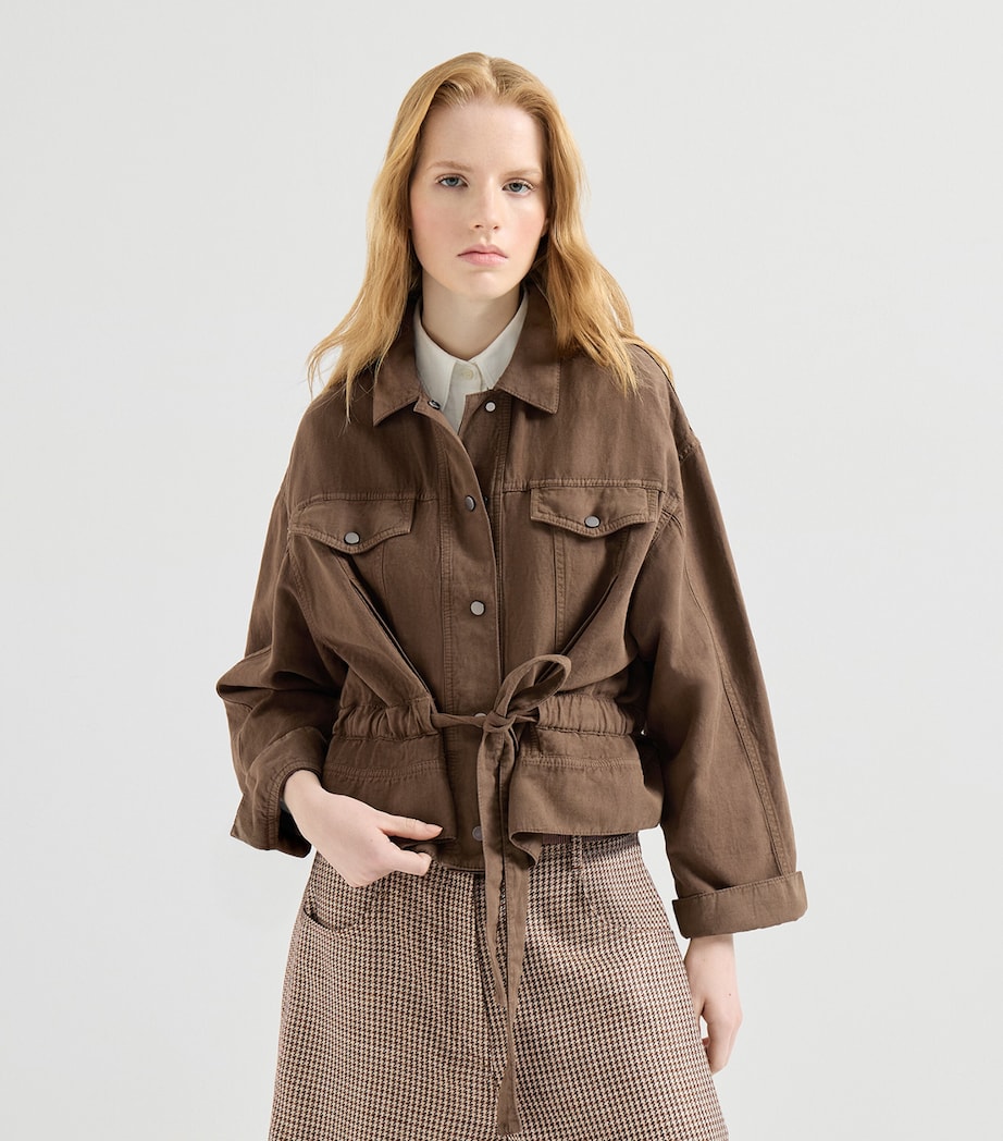 Brunello Cucinelli Womens Cotton-Linen Waist-Tie Jacket Dark Brown Image 4