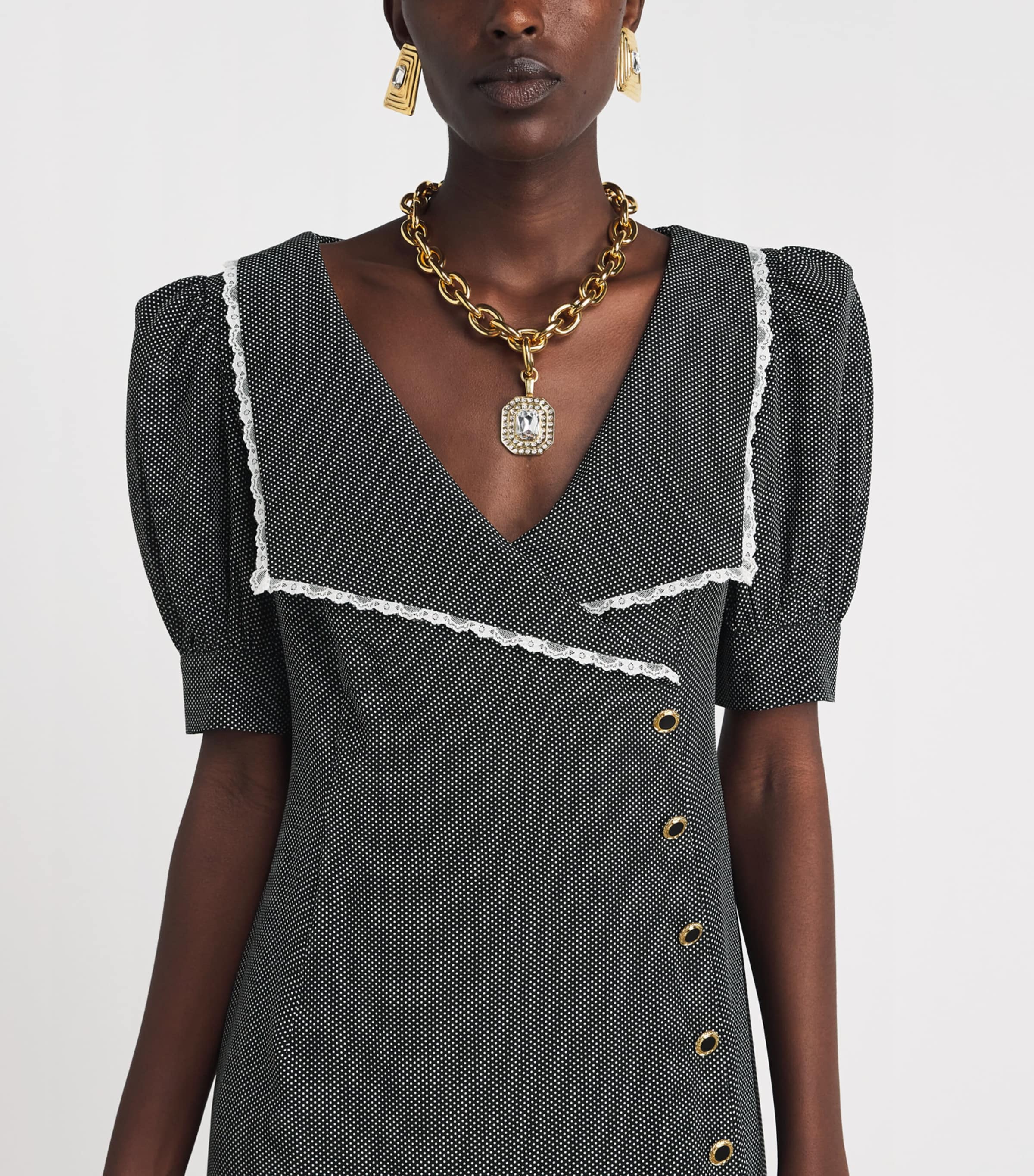 Alessandra Rich Womens Silk Polka Dot Midi Dress Black White Image 3