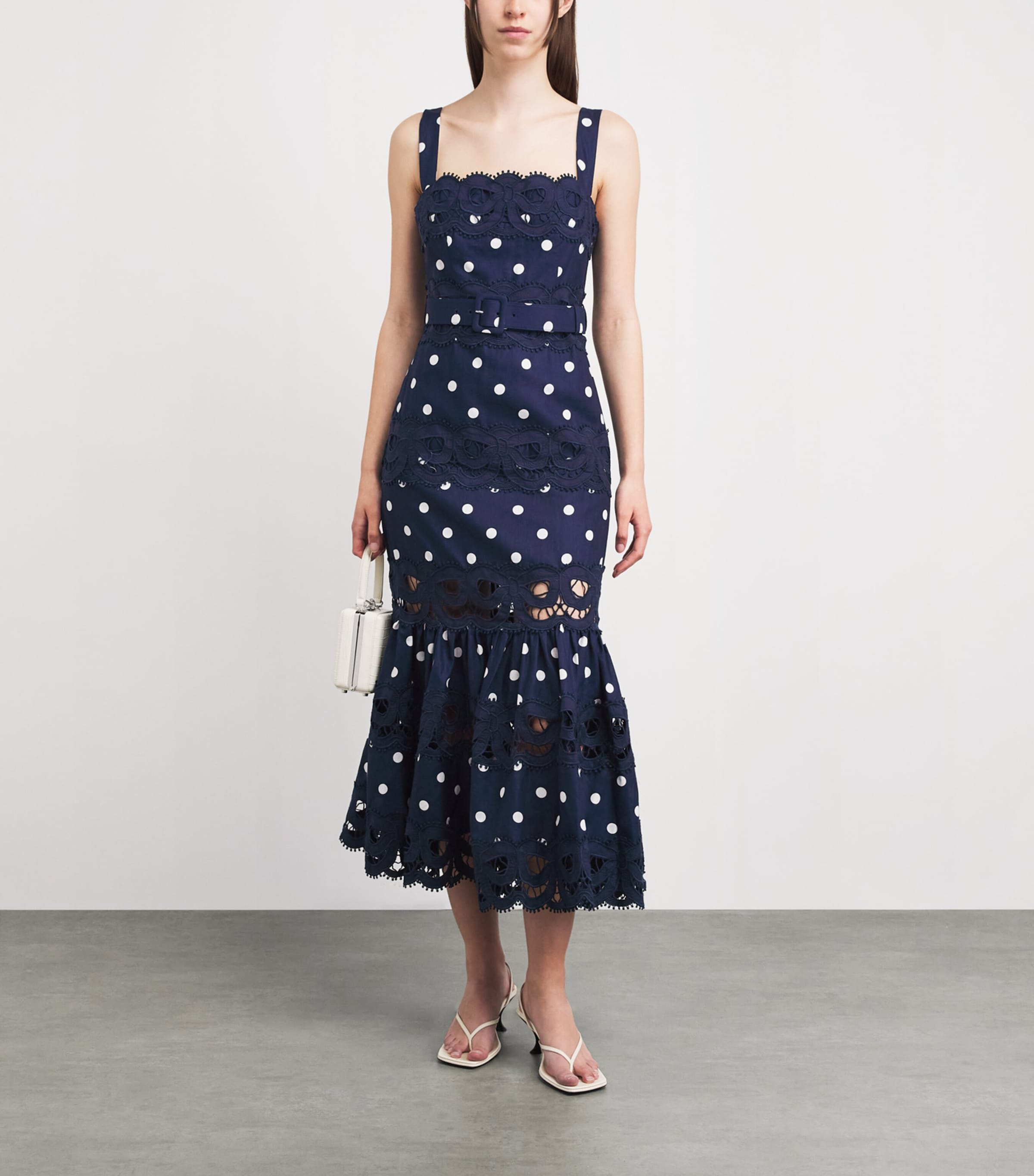 Self-Portrait Womens Linen-Cotton Polka Dot Midi Dress Navy Image 2