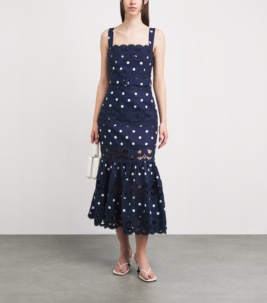 Self-Portrait Womens Linen-Cotton Polka Dot Midi Dress Navy Image 2