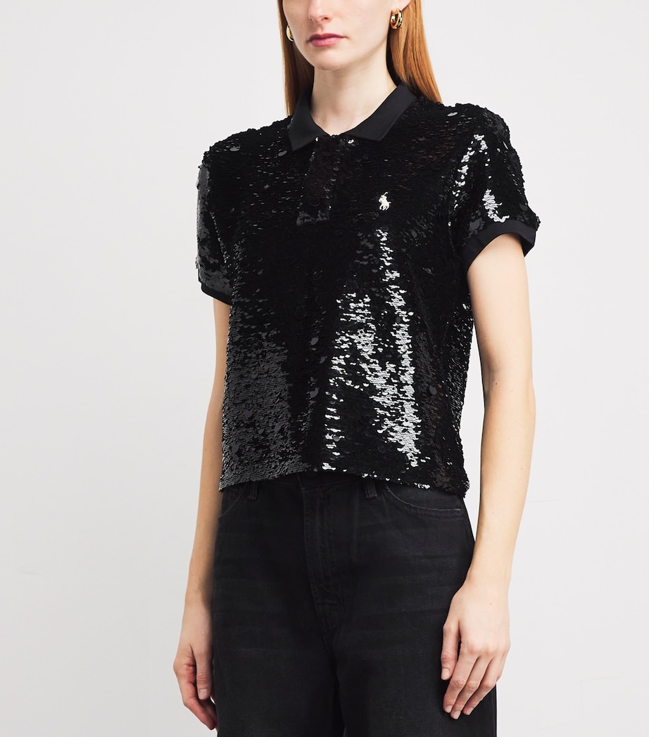 Sequin Cropped Polo Shirt POLO BLACK Image 3