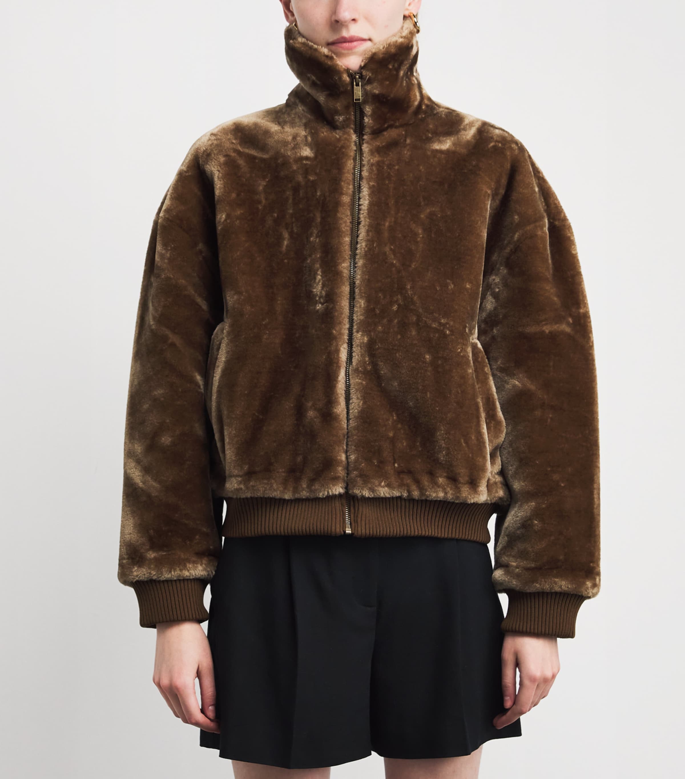 Faux Fur Zip-Up Jacket BROWN Image 3