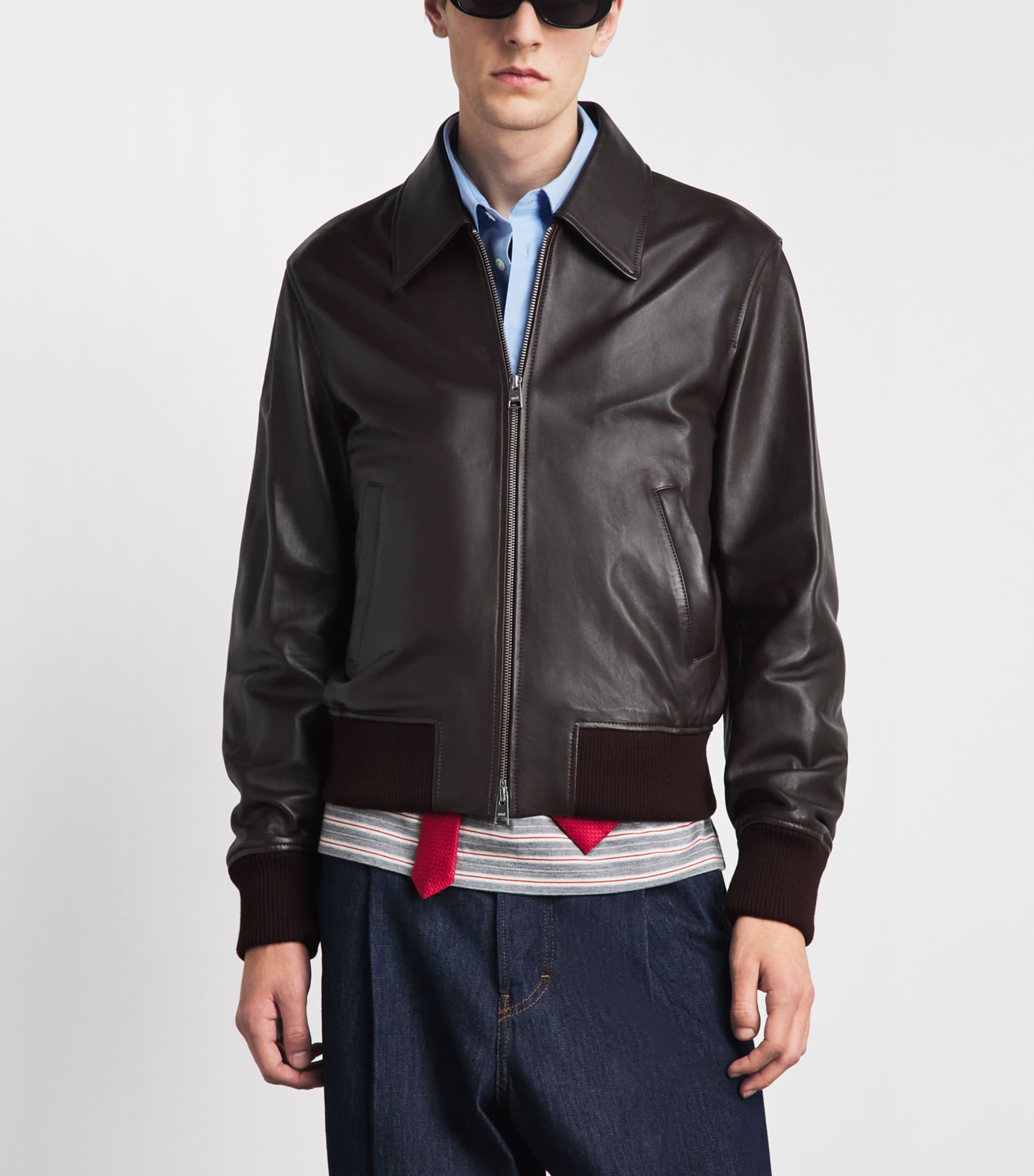AMI Paris Mens Leather Jacket Cerise Foncee Image 4