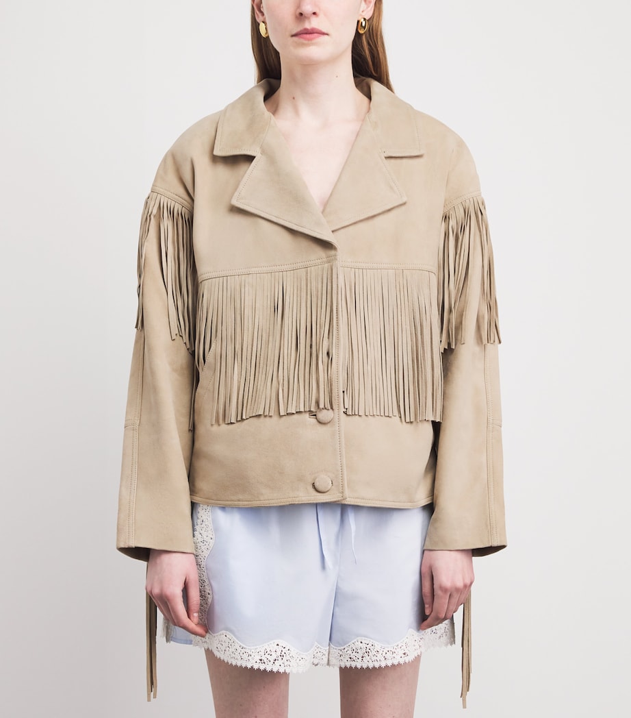 Sandro Paris Womens Suede Fringed Jacket Beige Image 4