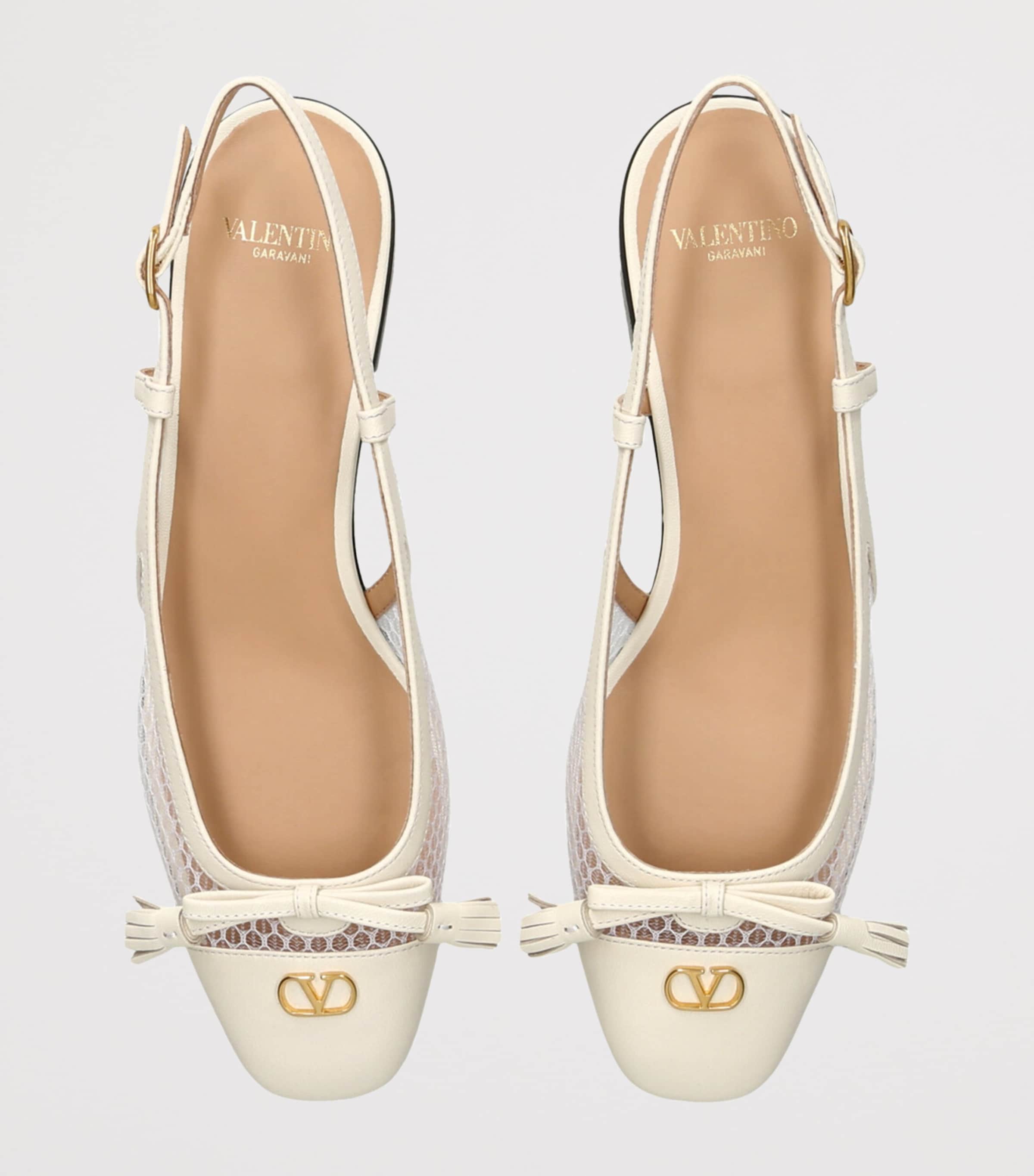 VALENTINO NIGFT ホワイト リボン ビスチェ Valentino Garavani White Leather-Mesh Valet du Roi Slingback Flats