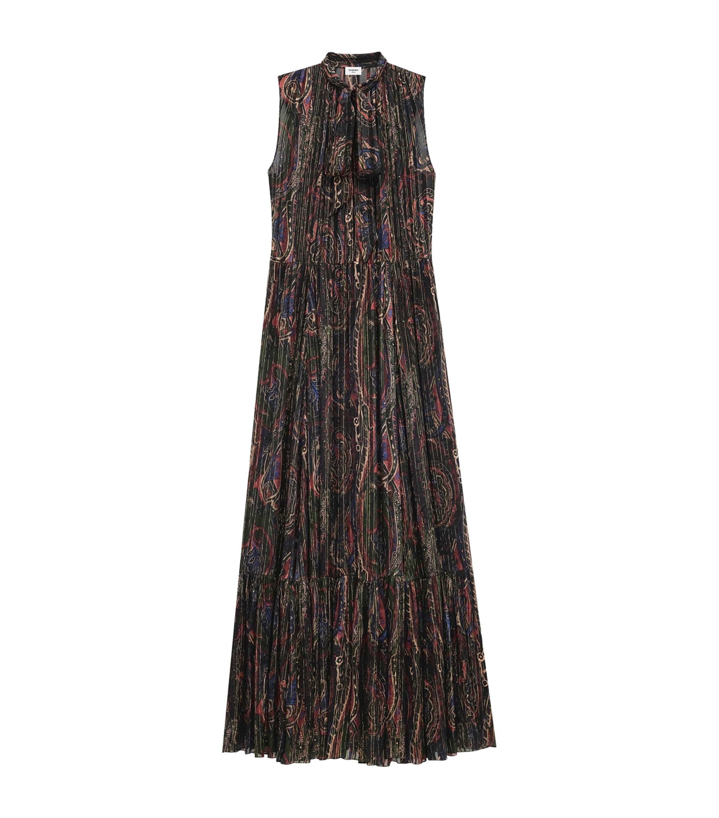 Saint Laurent Pleated Tiered Paisley-print Metallic Silk-blend Georgette Maxi Dress In Black