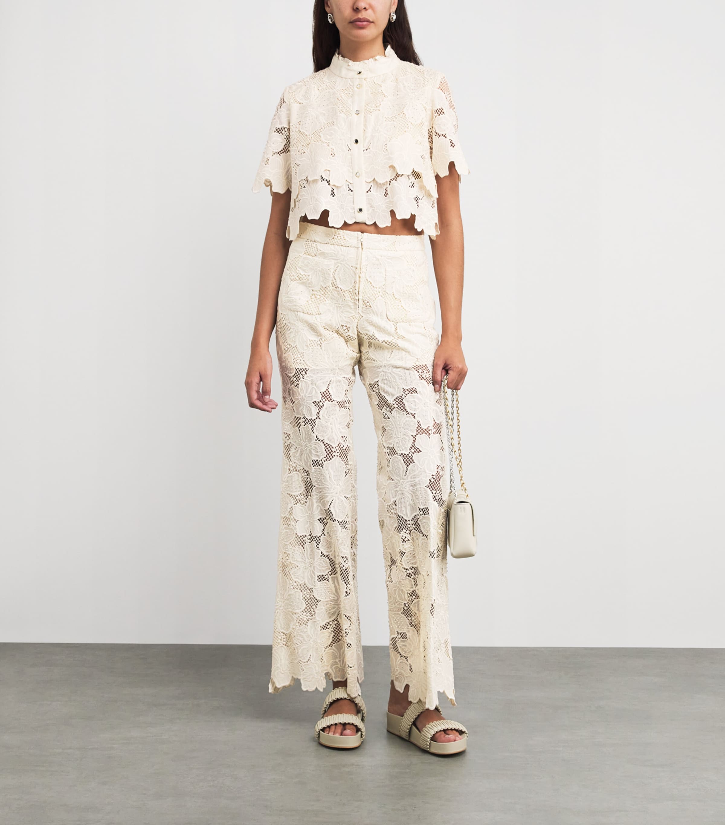 Sandro Paris Womens Guipure Lace Cropped Shirt Ecru Image 2