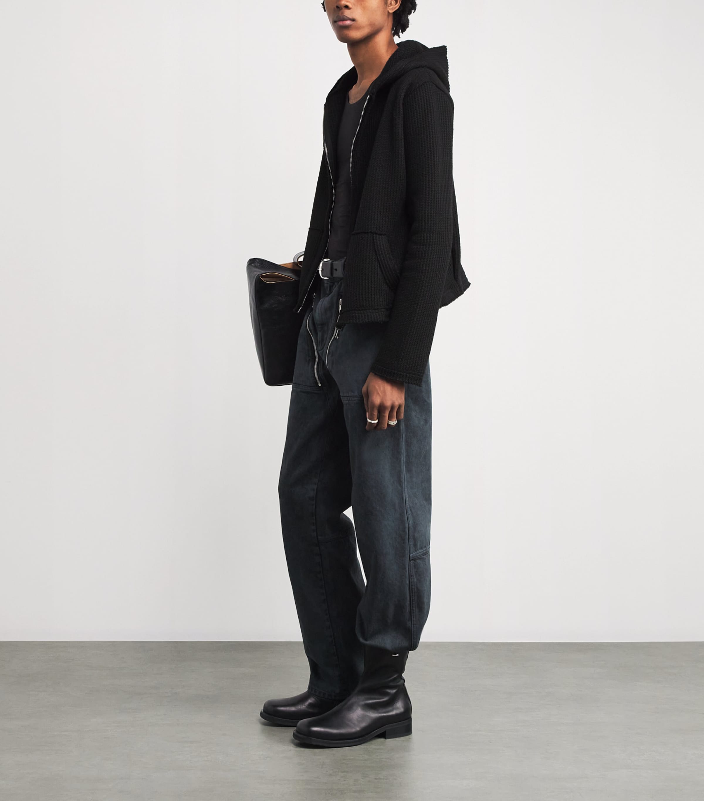 Ribbed Zip-Up Hoodie BLACK Image 2