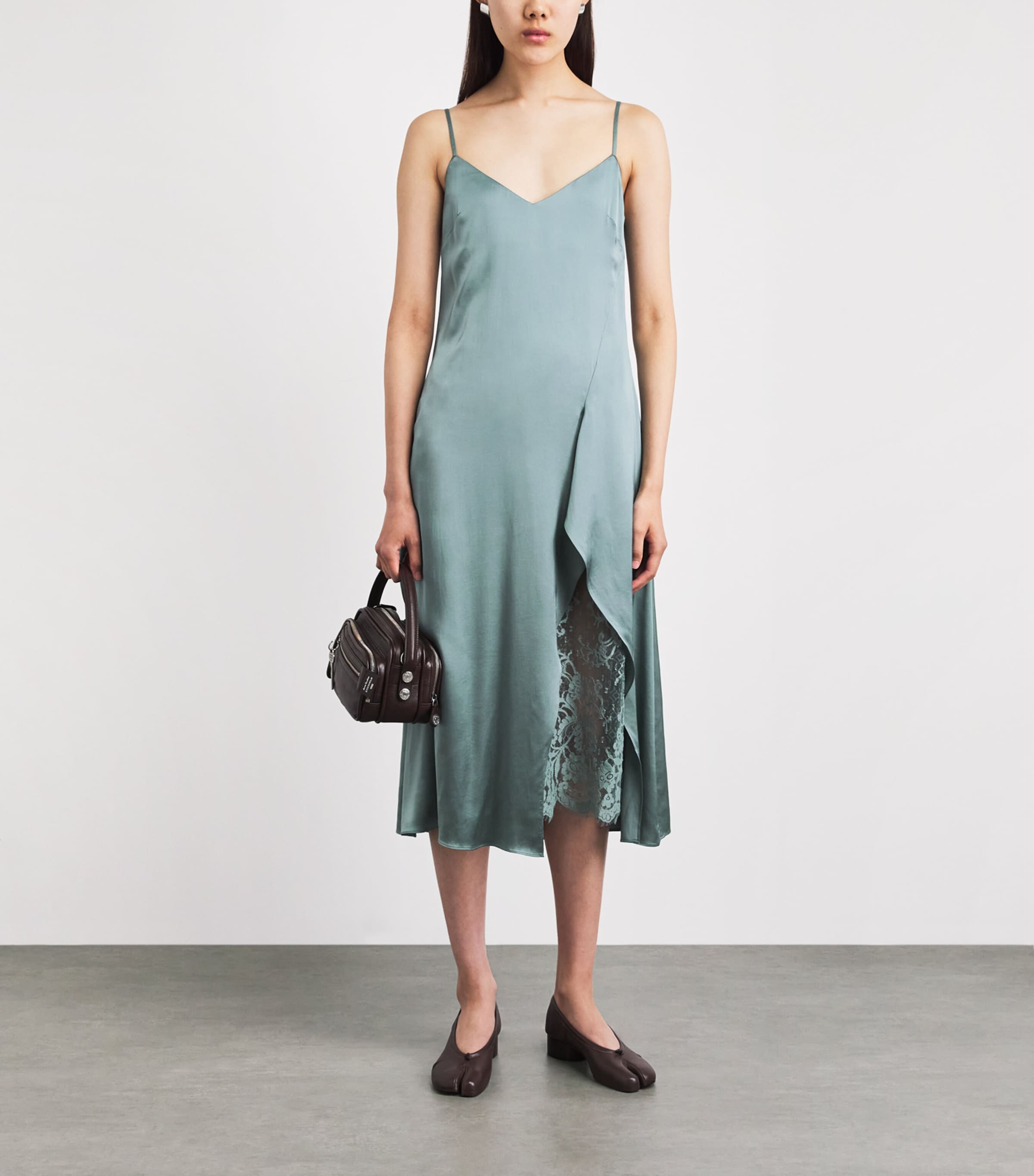 Acne Studios Womens Satin Lace-Trim Midi Dress Abc Sage Green Image 4