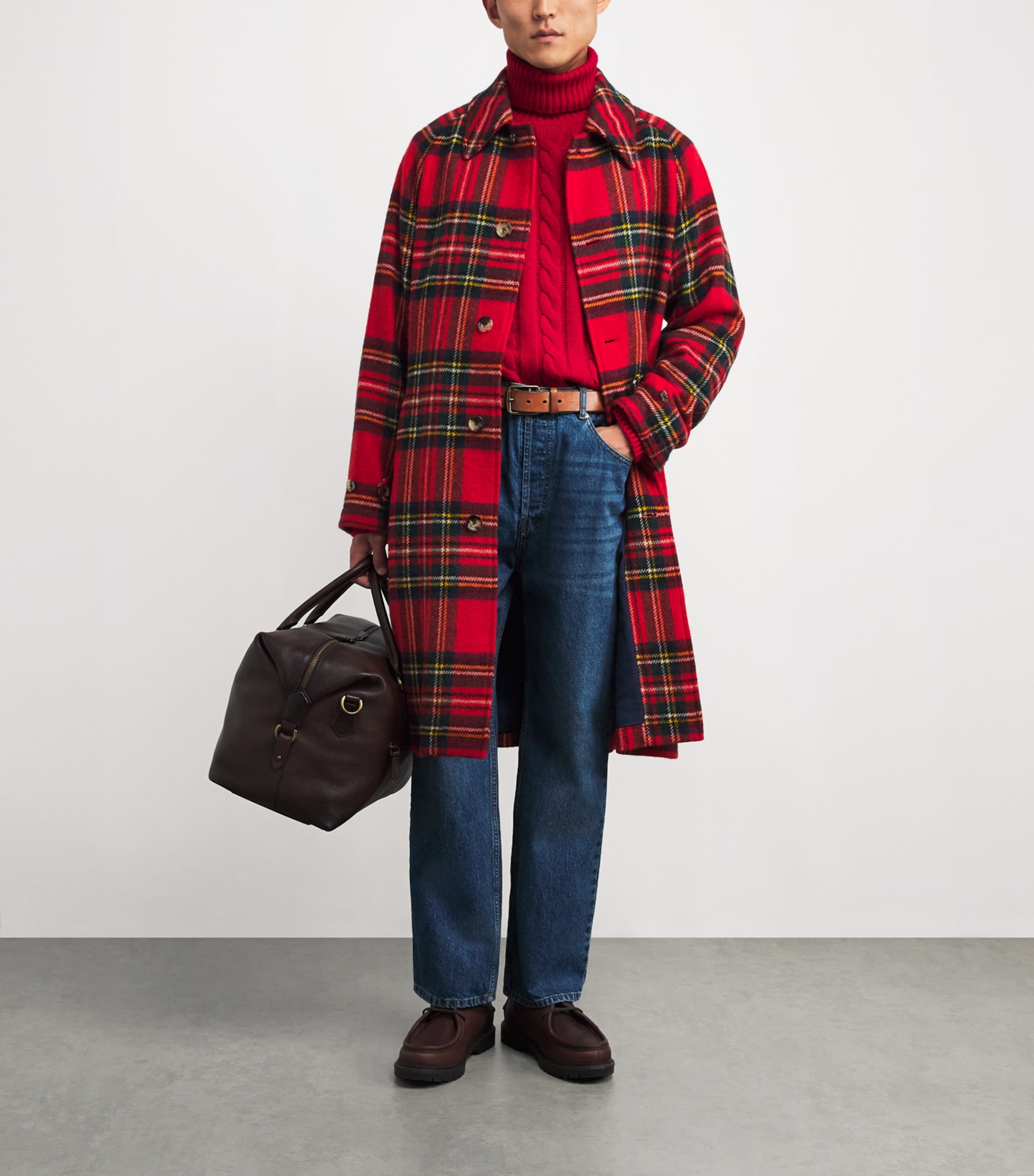 Wool Tweed Plaid Balmacaan Coat RED Image 2