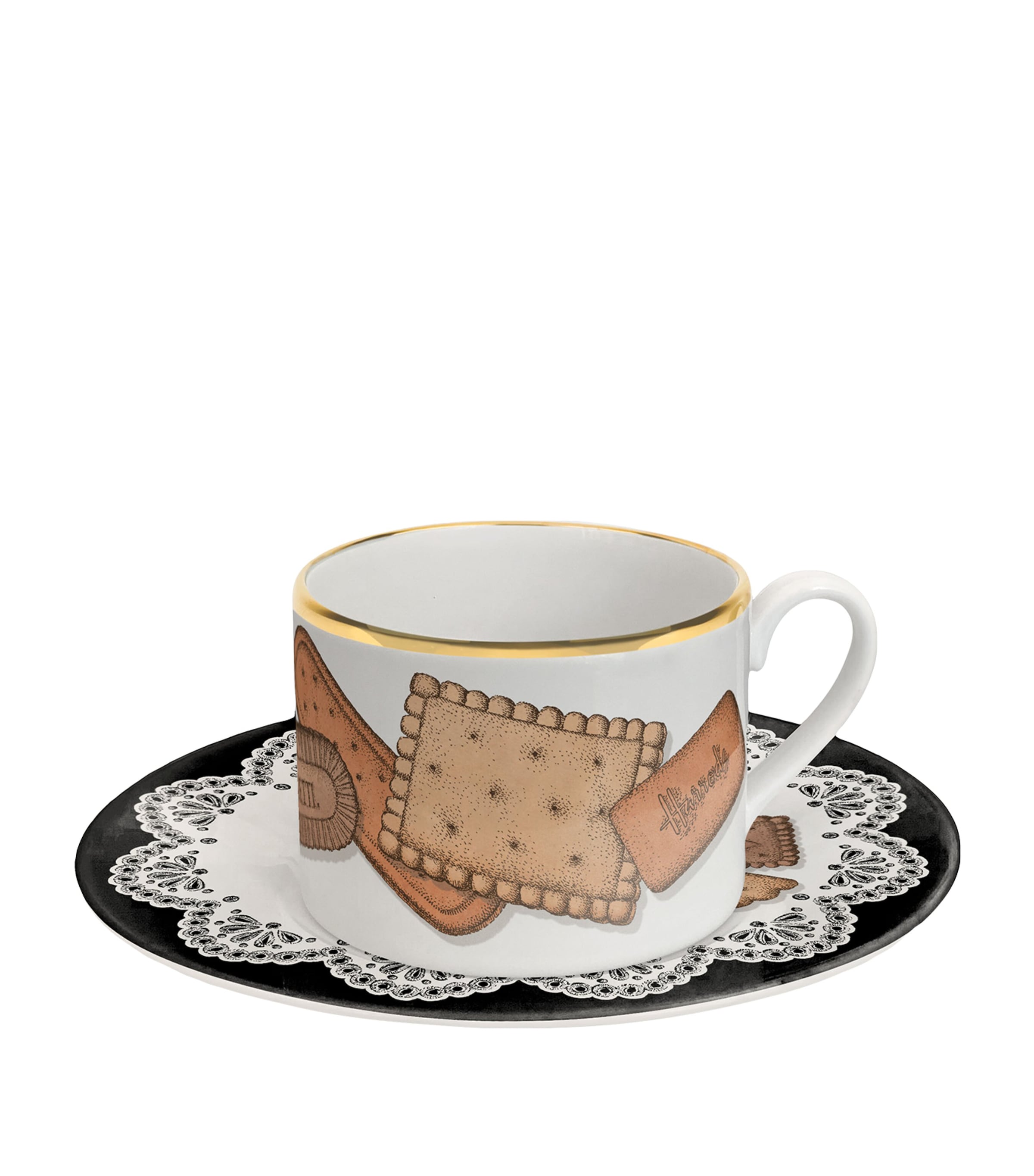 Fornasetti 175 Anniversary Edition Set Of 6 Porcelain Biscotti Teacups And Saucers