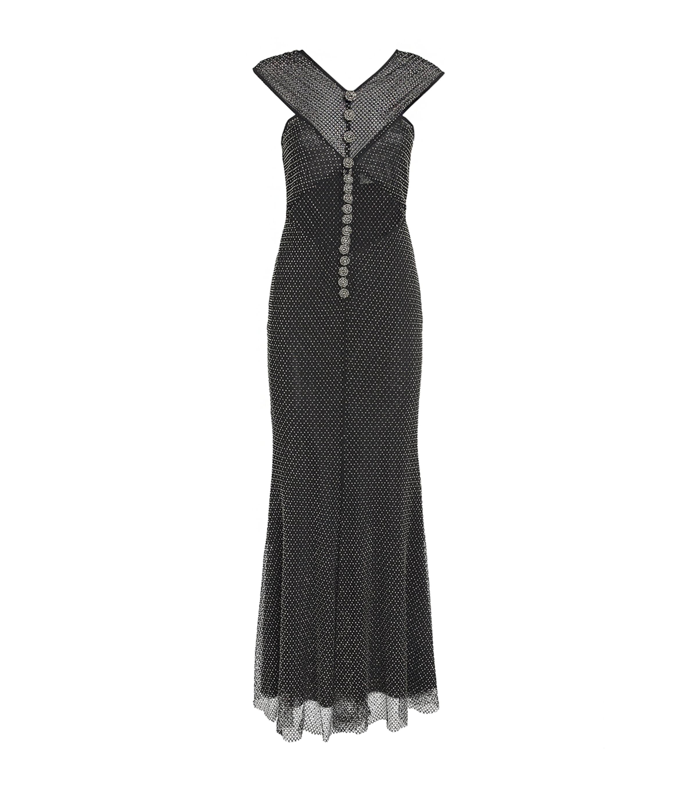 Self-portrait Rhinestone Fishing Net Crossed Mid-length Dress In Black