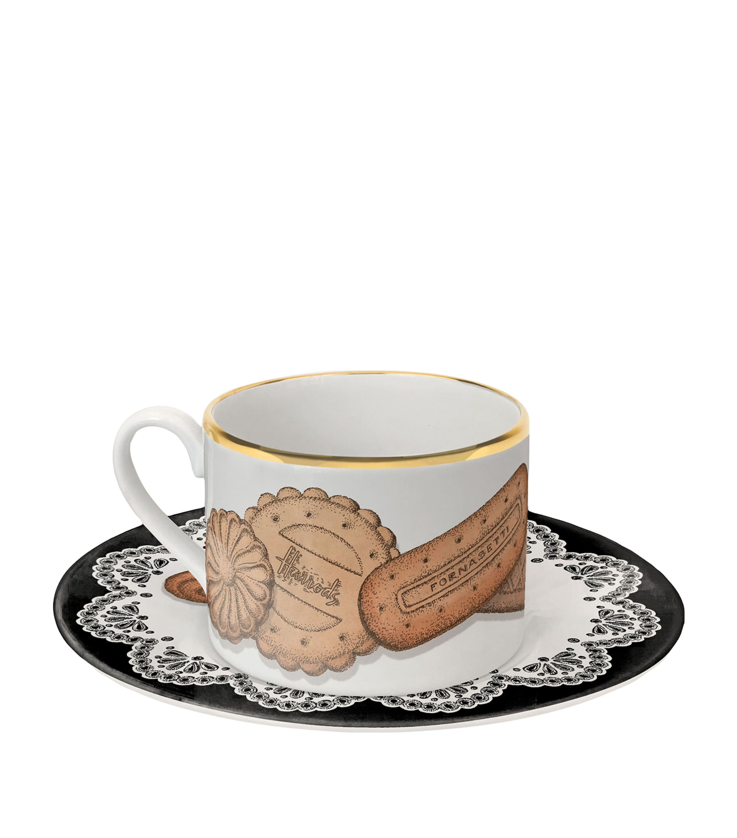 Fornasetti 175 Anniversary Edition Set of 2 Porcelain Biscotti Teacups and Saucers | Dining | Tableware | Tea Cups & Saucers | Designers | Fornasetti
