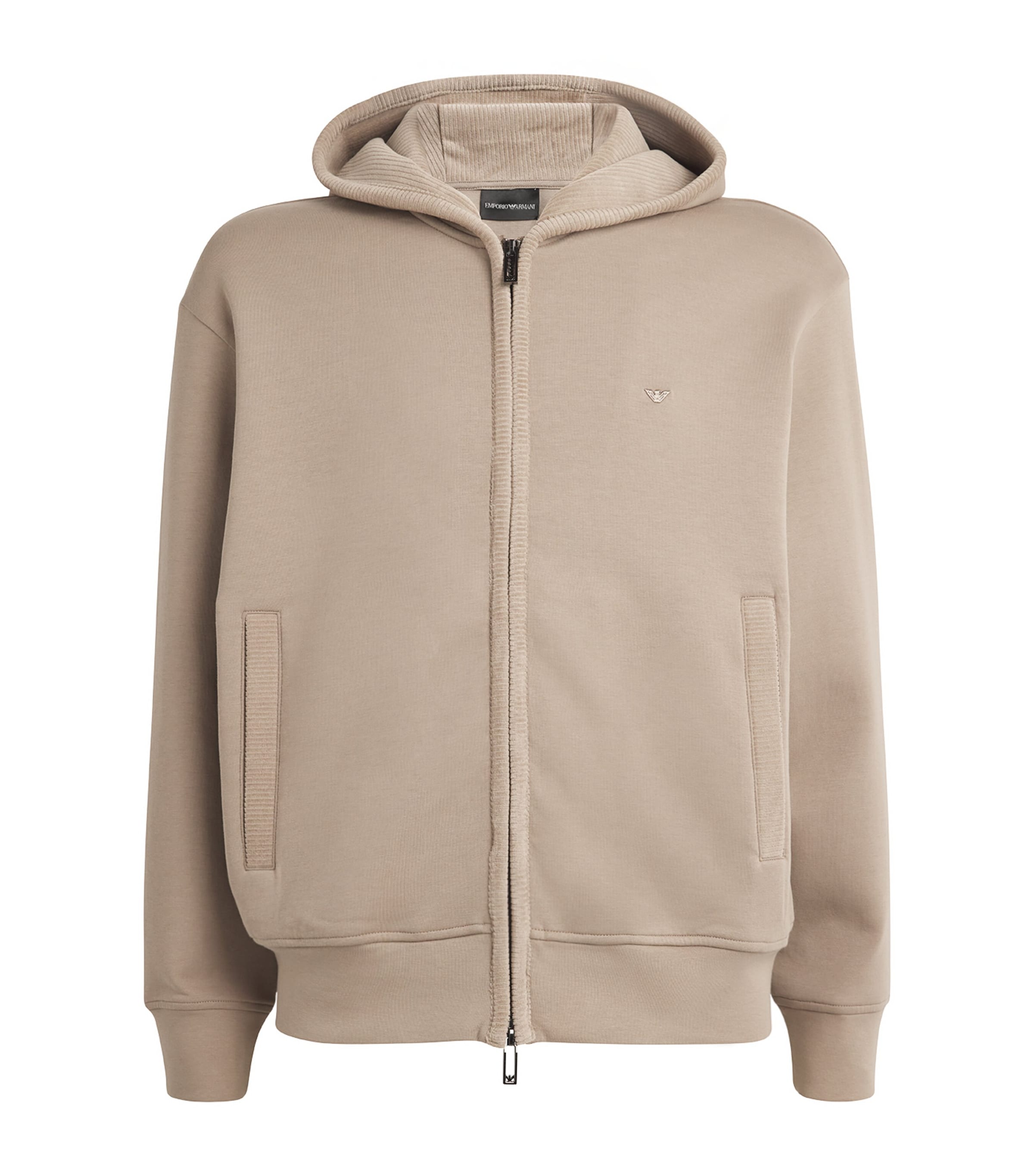 【EMPORIO ARMANI】 Men's Patterned Cotton Hoodie: ★ Beige Emporio Armani Velour-Trim Zip-Up Hoodie | Harrods US
