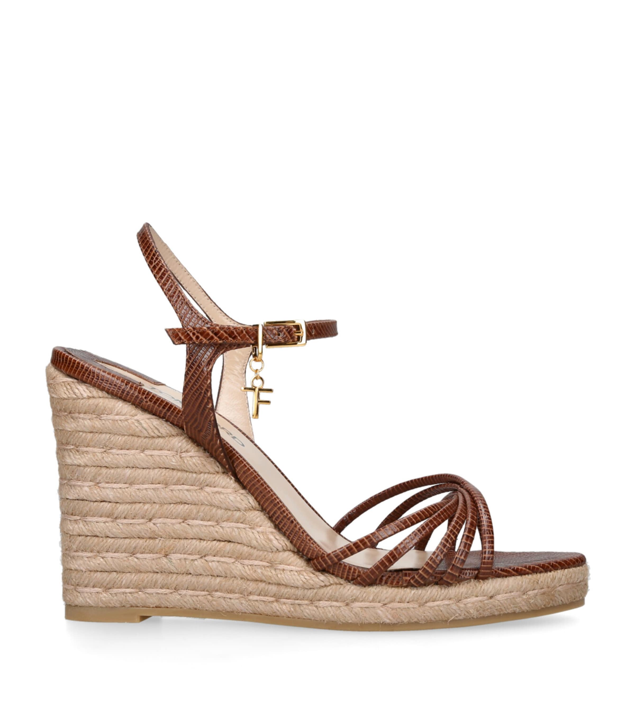 Tom Ford Cabana Embellished Lizard-effect Leather Espadrille Wedge Sandals In Brown