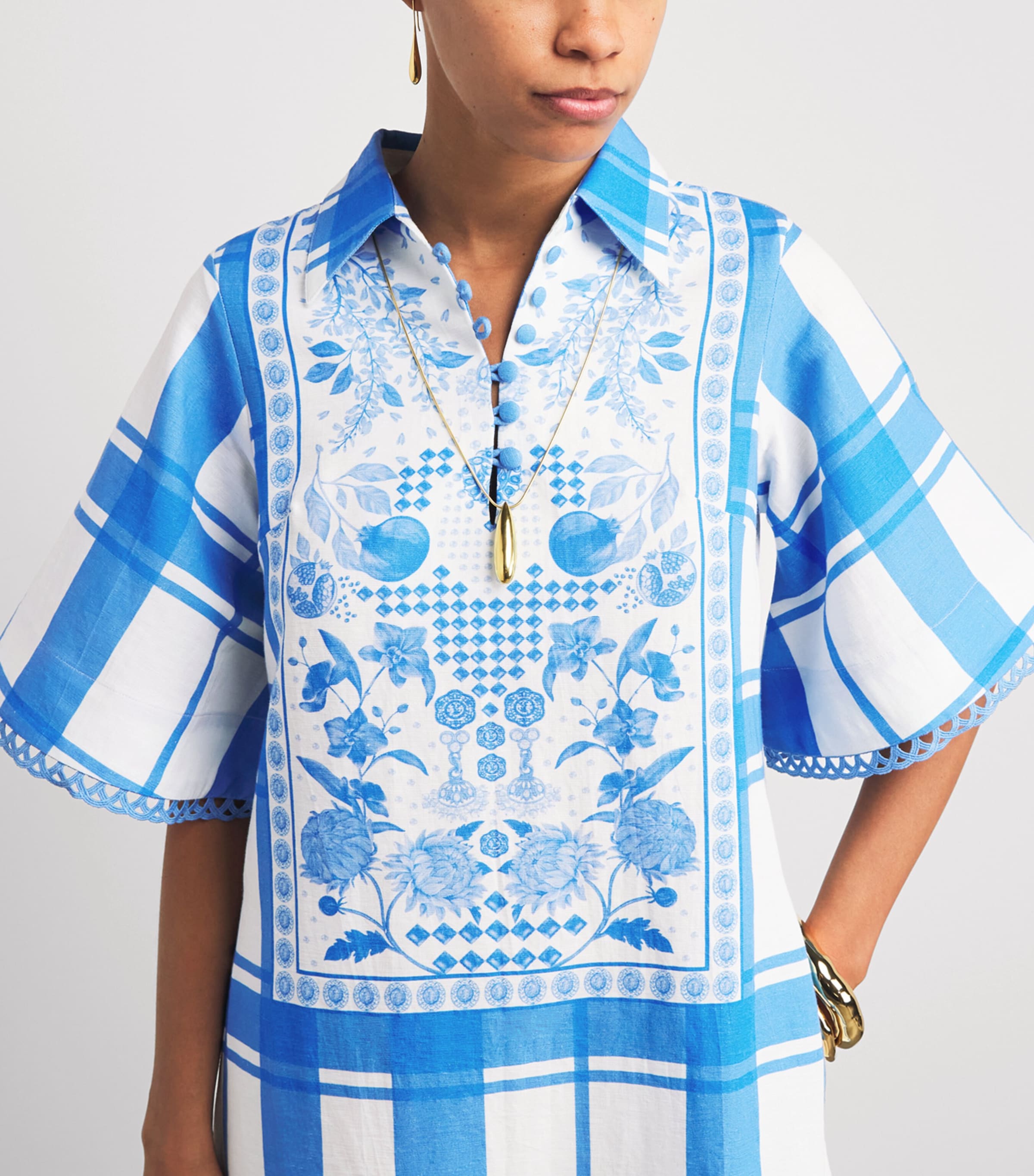 Verandah Womens Printed Collared Tunic Midi Dress Ivry & Blu Mdrs Chks Image 5