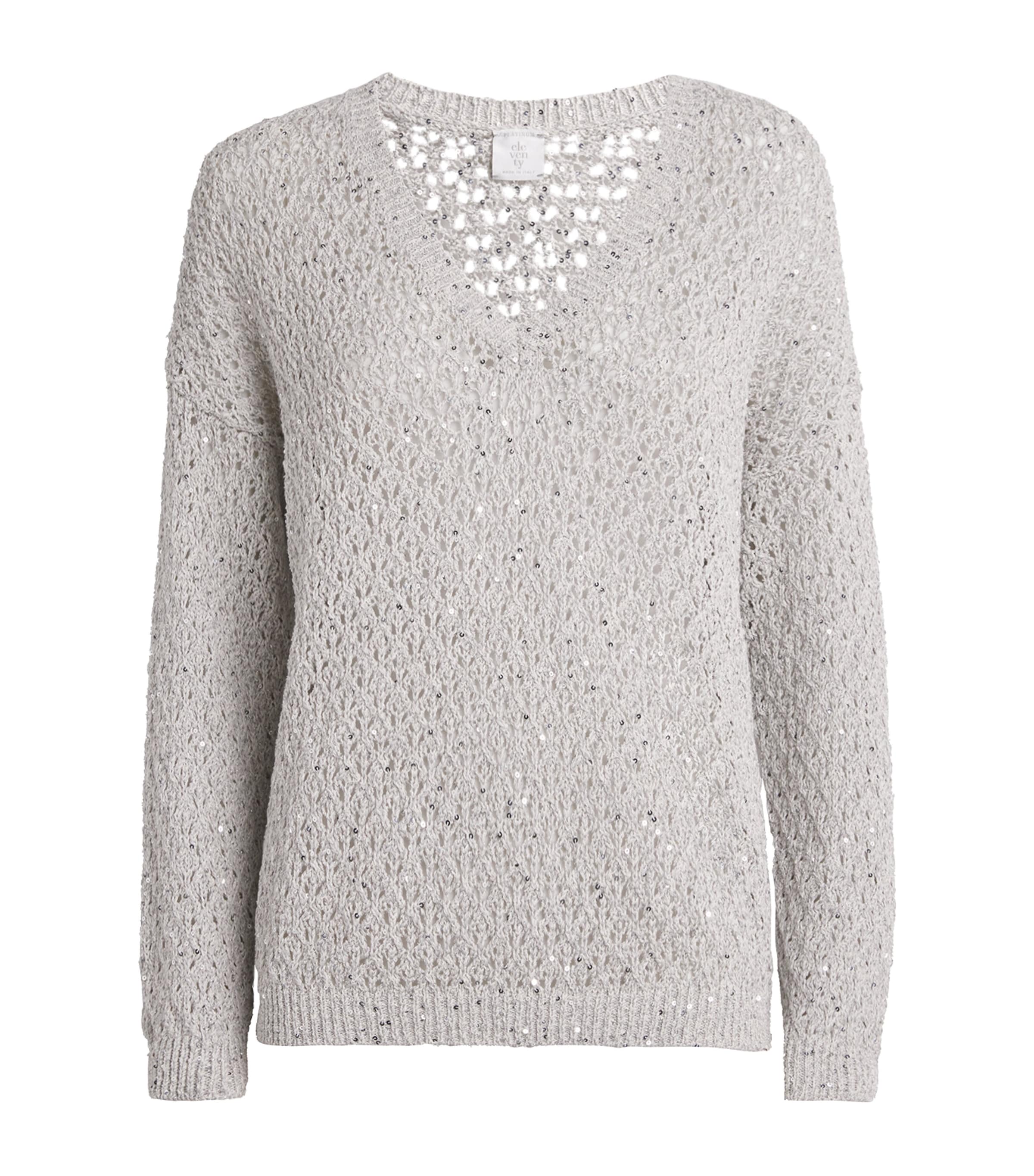 Eleventy Sequin-embellished V-neck Sweater In Gray