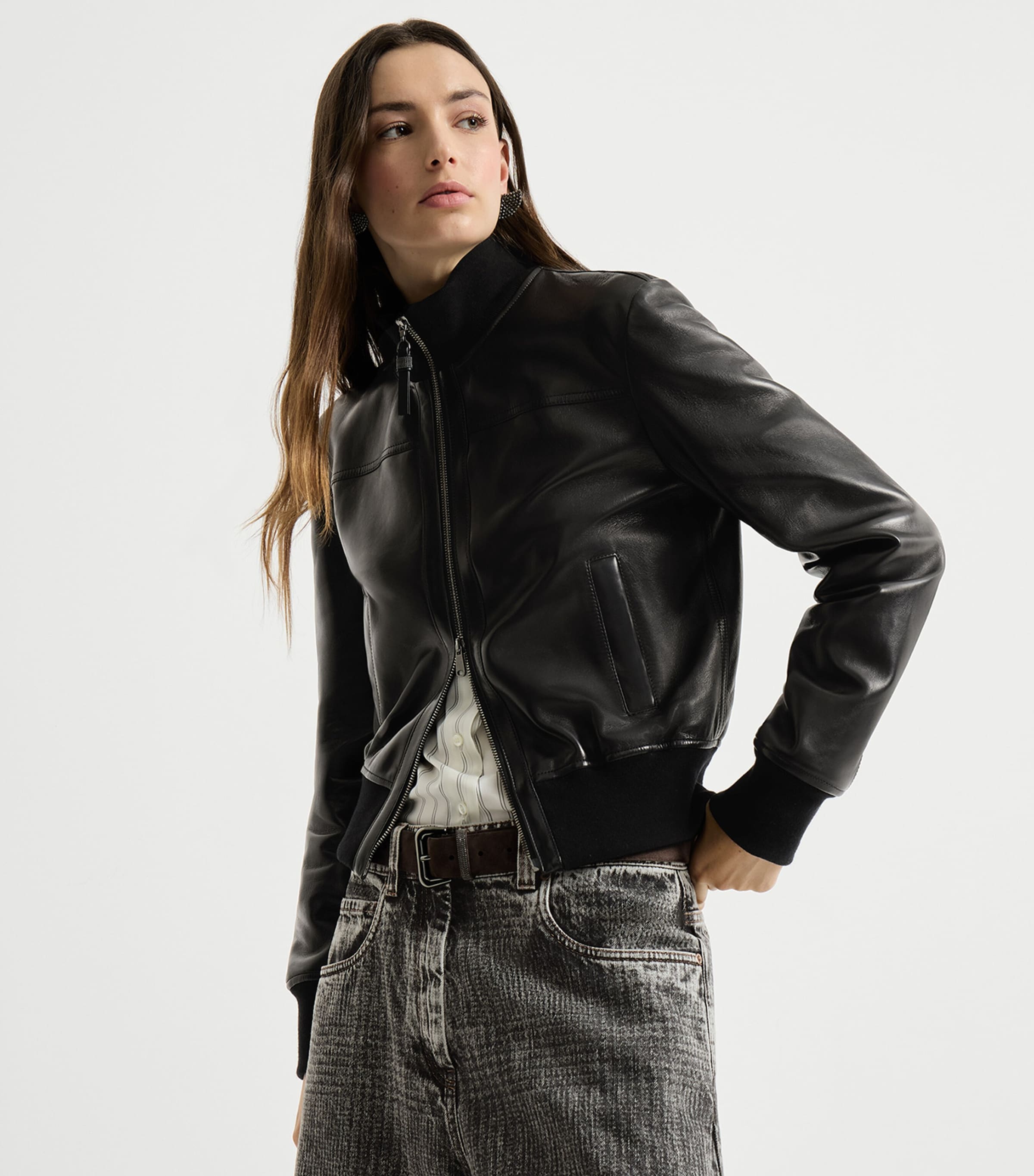 Brunello Cucinelli Womens Nappa Leather Bomber Jacket Black Image 2