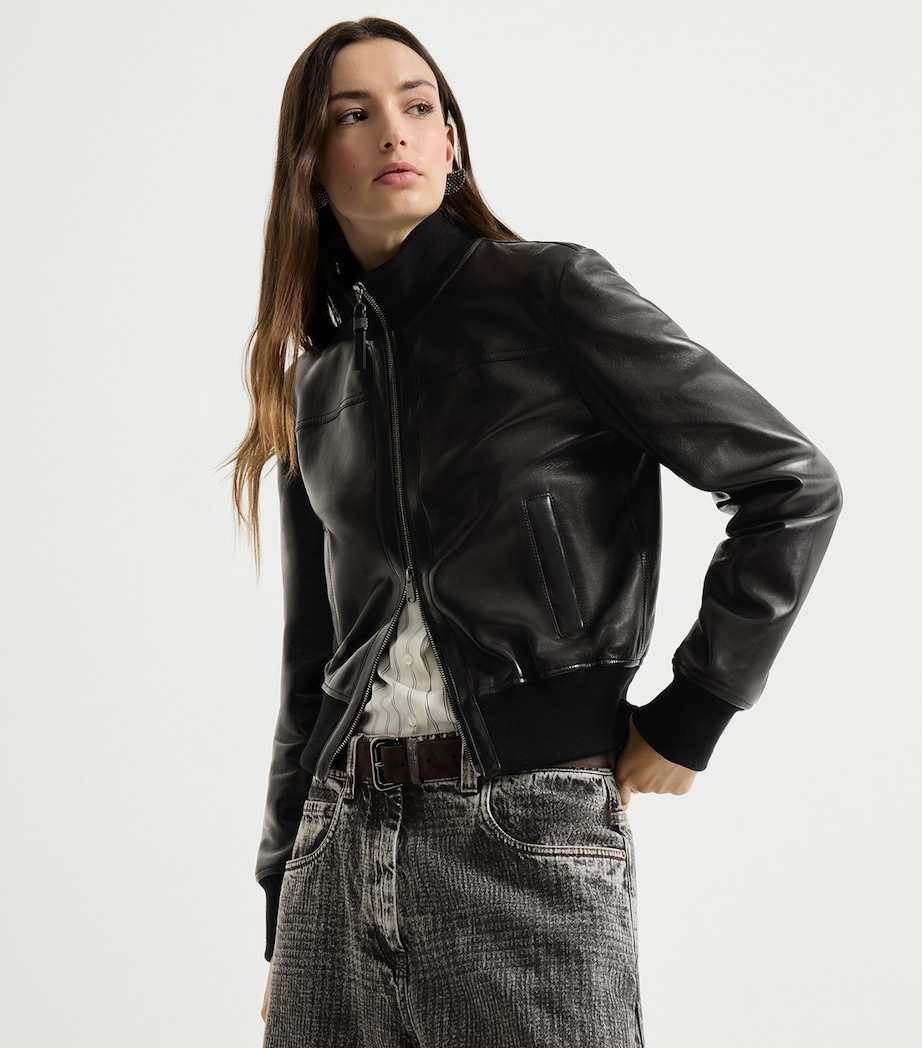 Brunello Cucinelli Womens Nappa Leather Bomber Jacket Black Image 2
