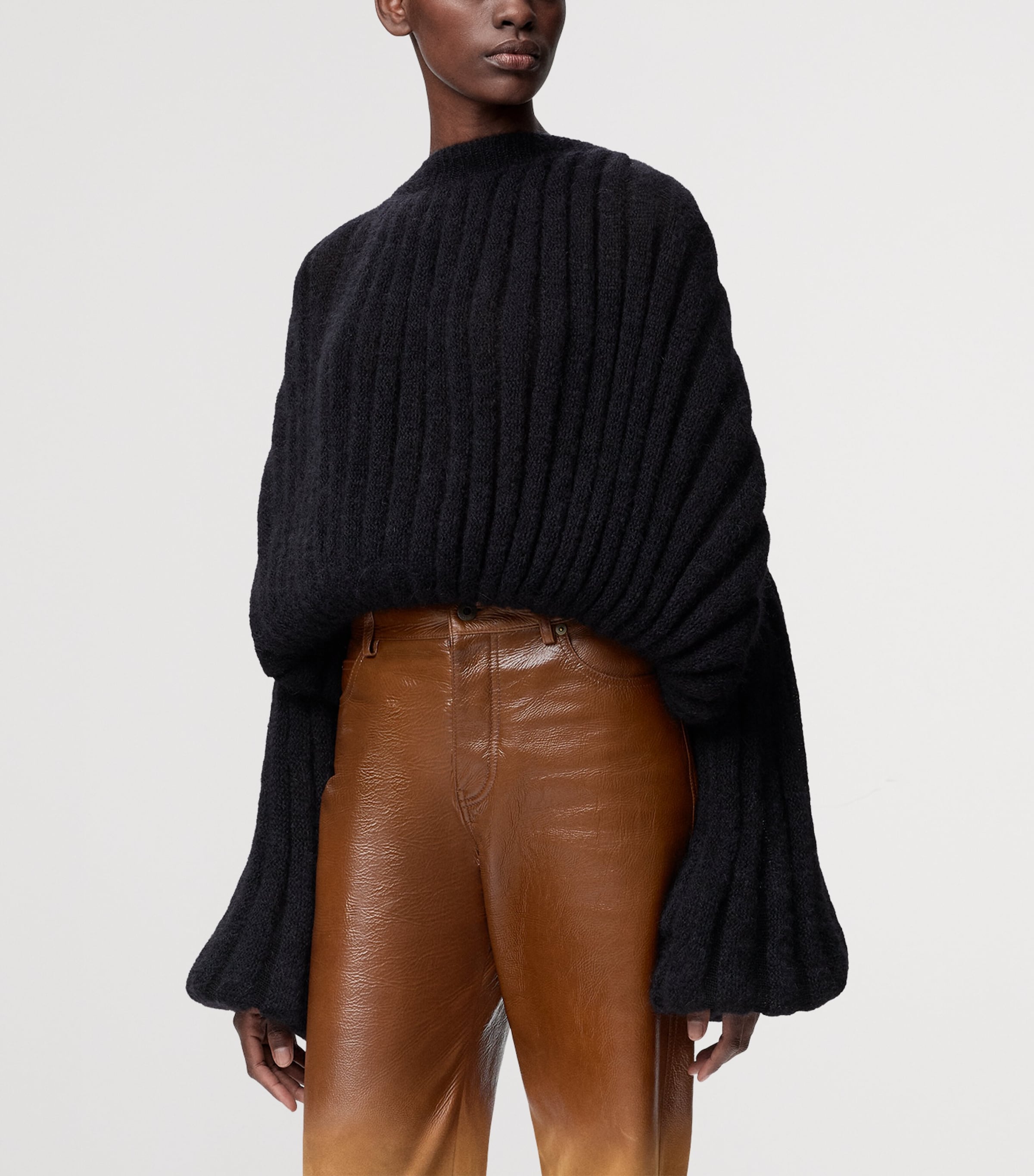 Ribbed Balloon-Sleeve Sweater BLACK Image 3