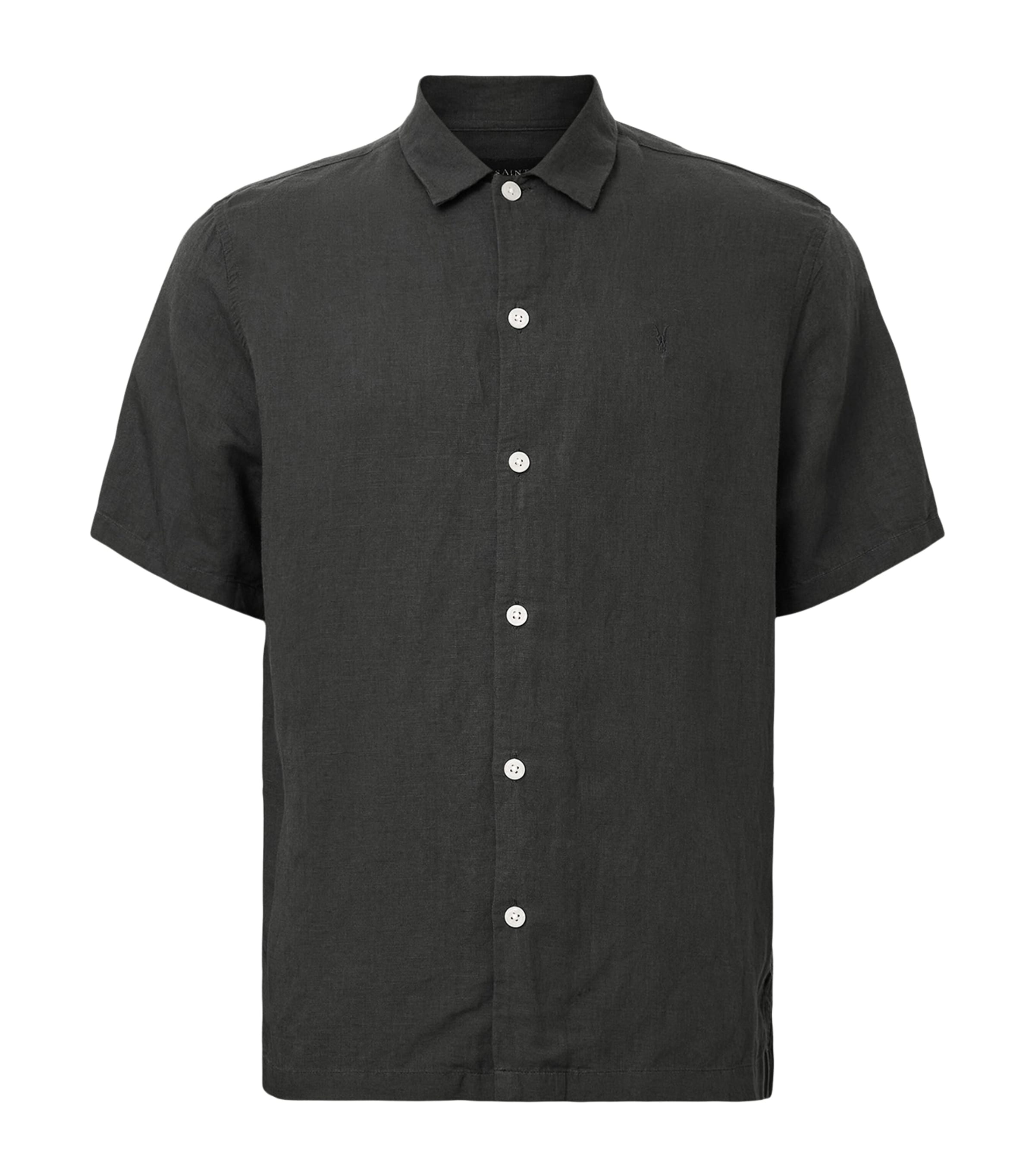 Allsaints Mens Bandol Relaxed-fit Short-sleeve Linen-blend Shirt Dark Charcoal Xl In Black
