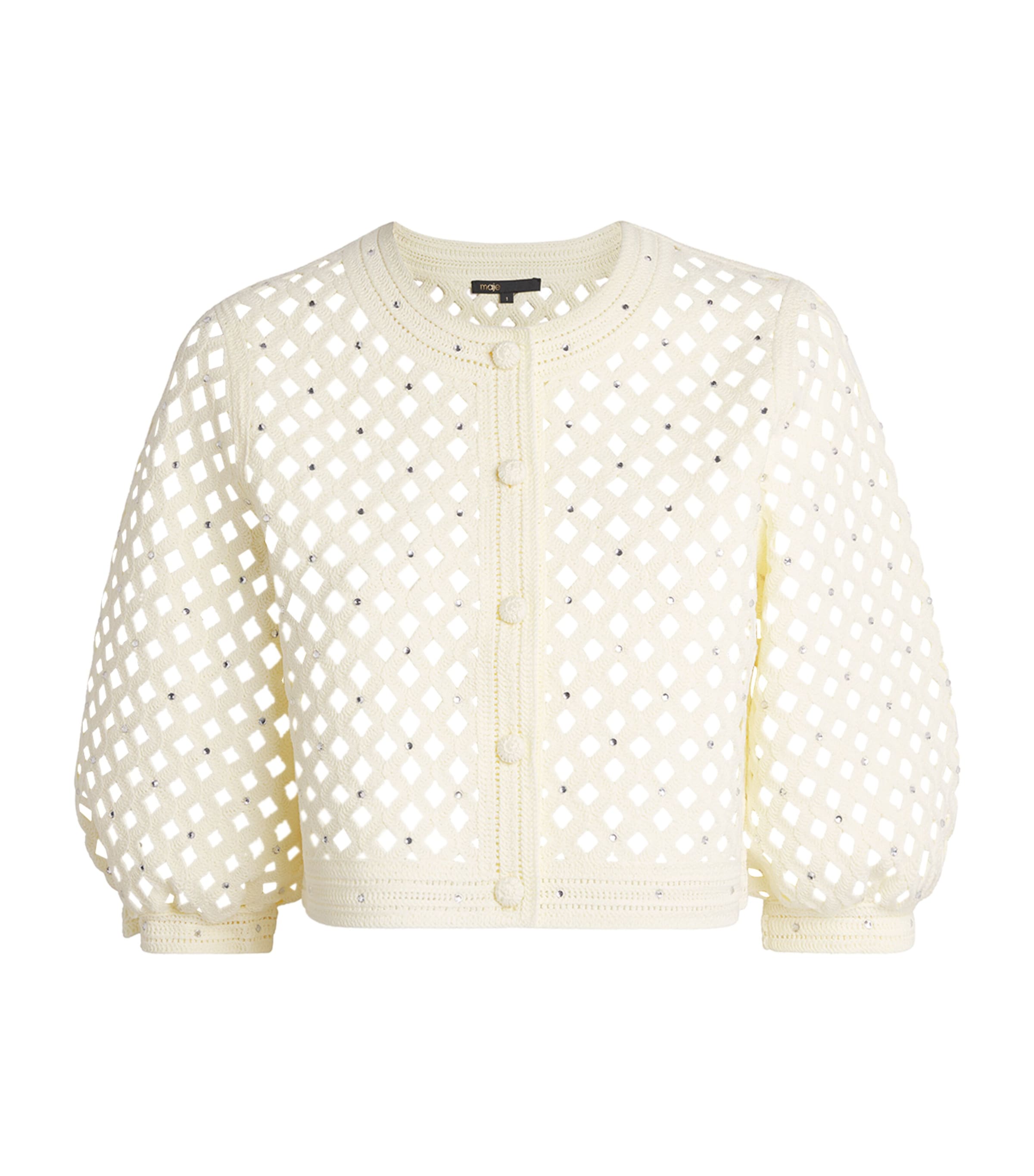 Maje Womens Embellished Crochet Cardigan Pale Yellow Image 1