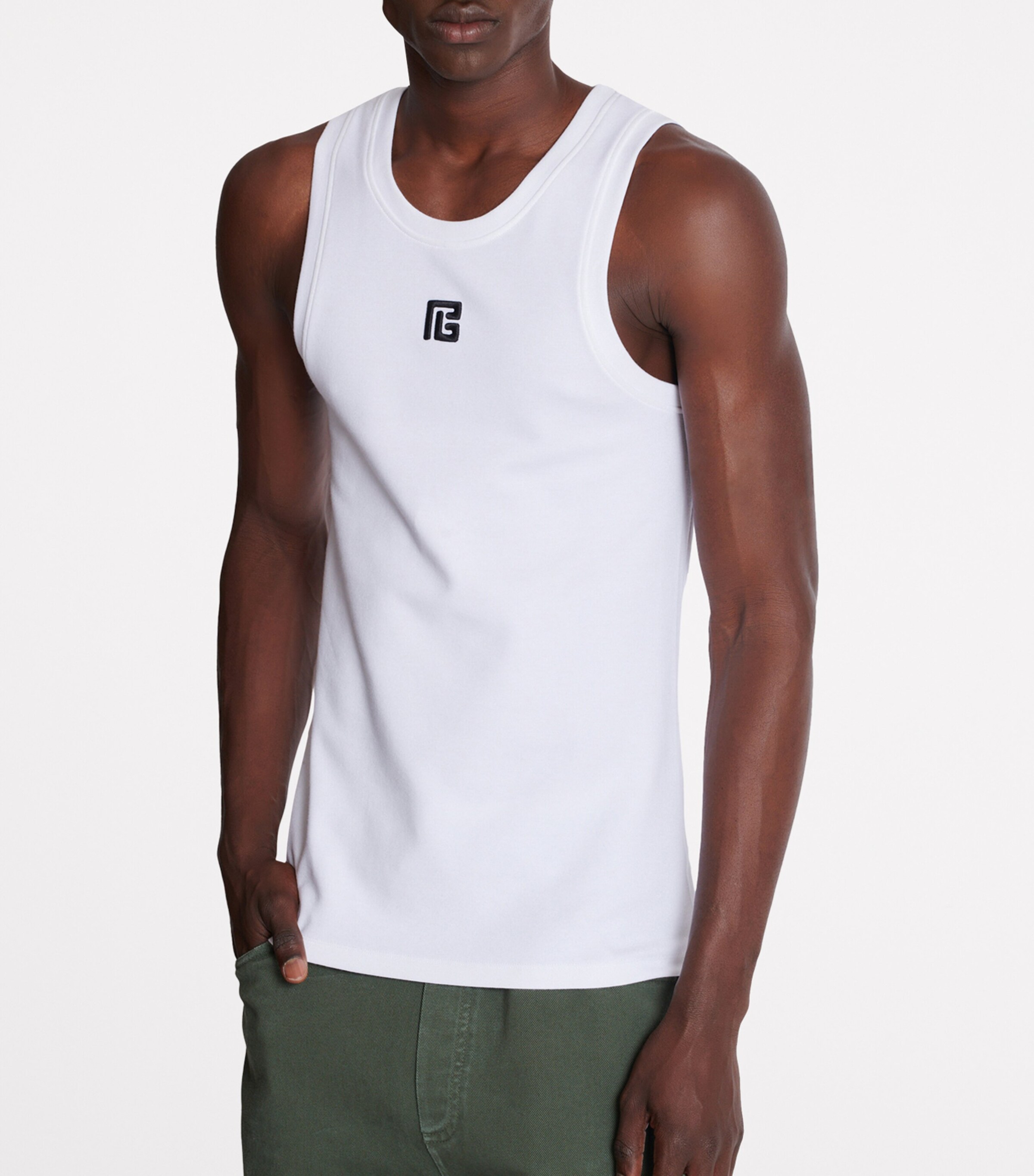Balmain Mens Logo Embroidered Tank Top Gab Blanc/noir Image 6
