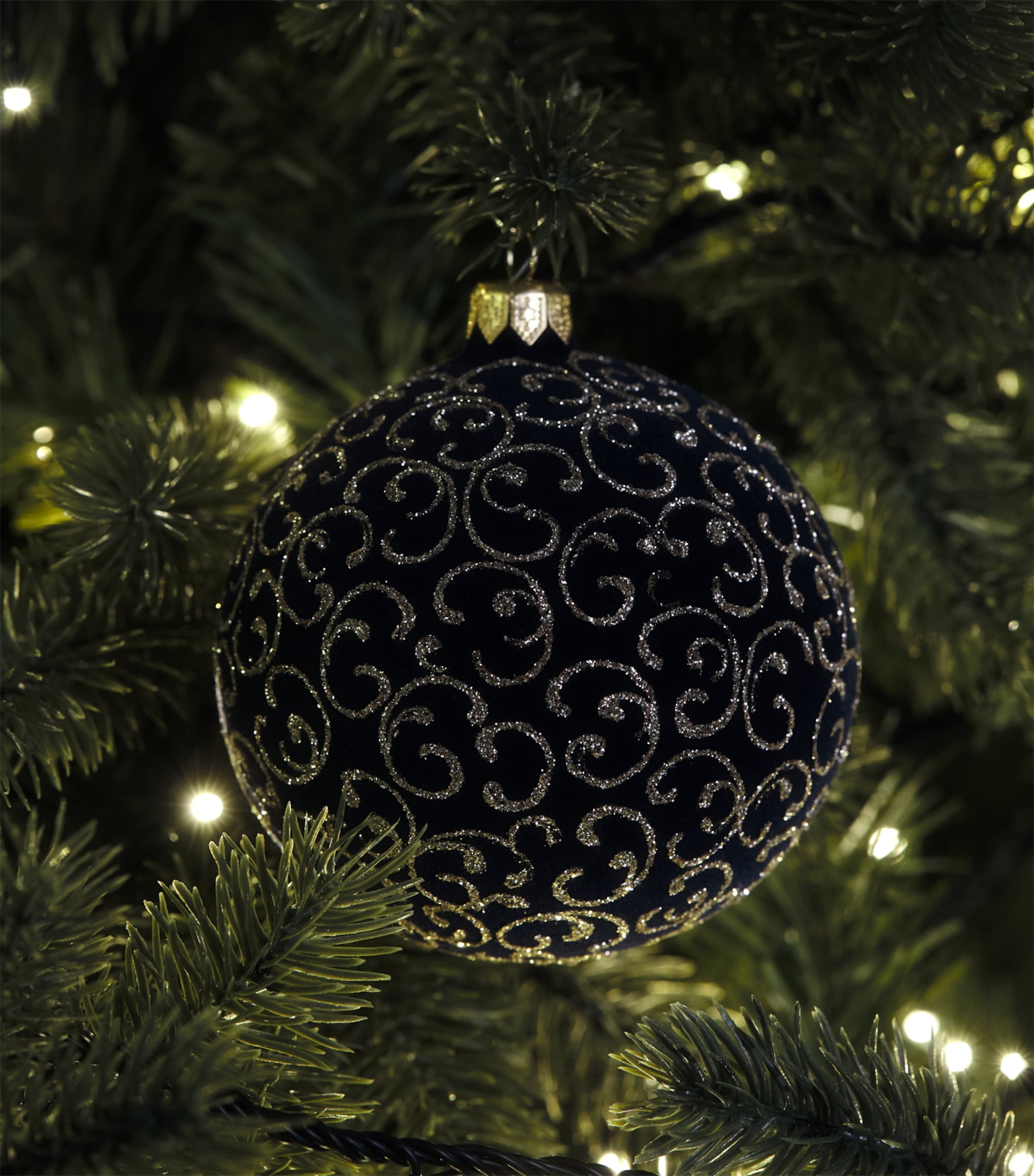 Harrods Velvet Glitter Swirl Bauble Navy Blue Velvet Image 3