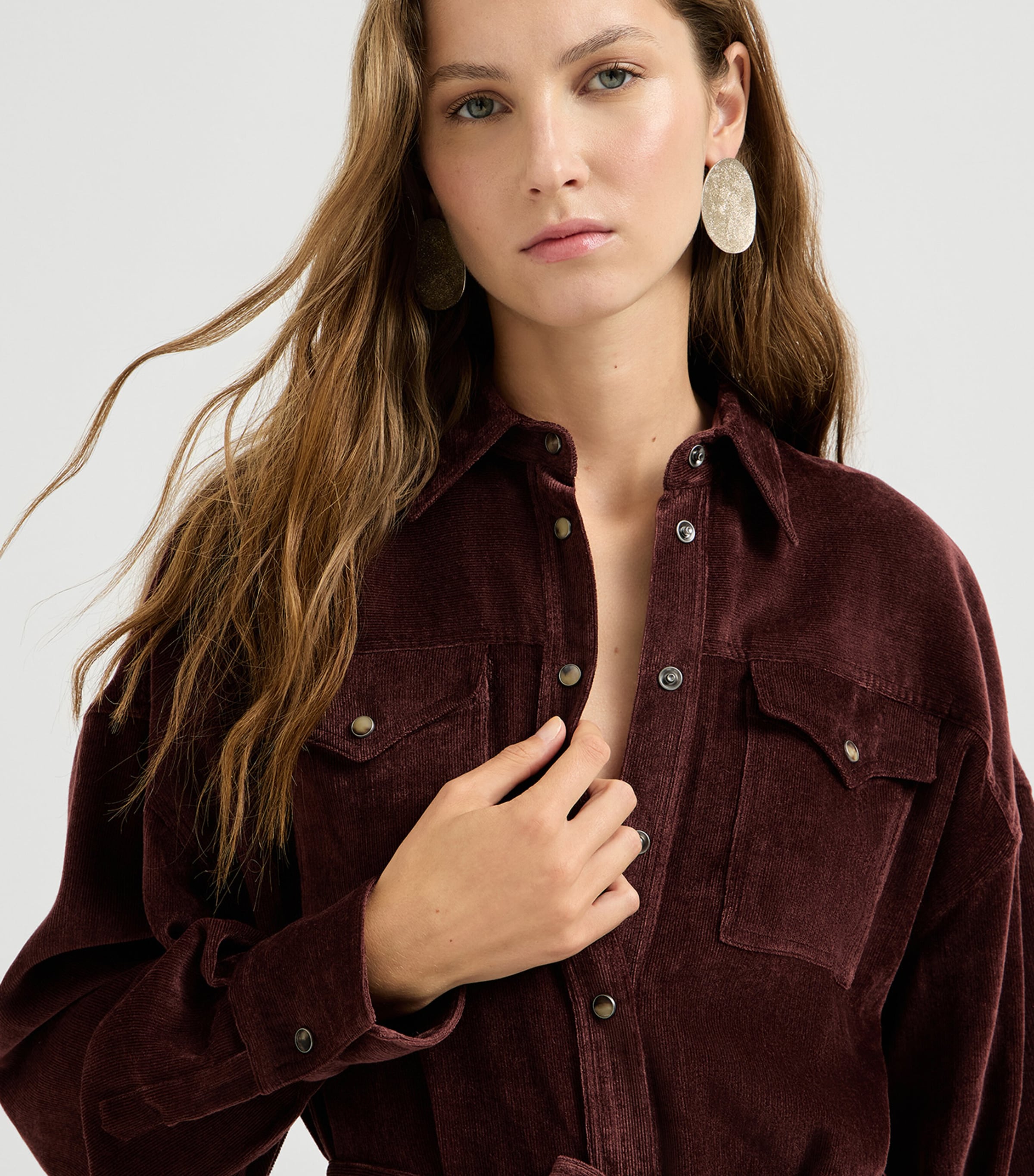 Brunello Cucinelli Womens Corduroy Maxi Shirt Dress Wine Red Image 6