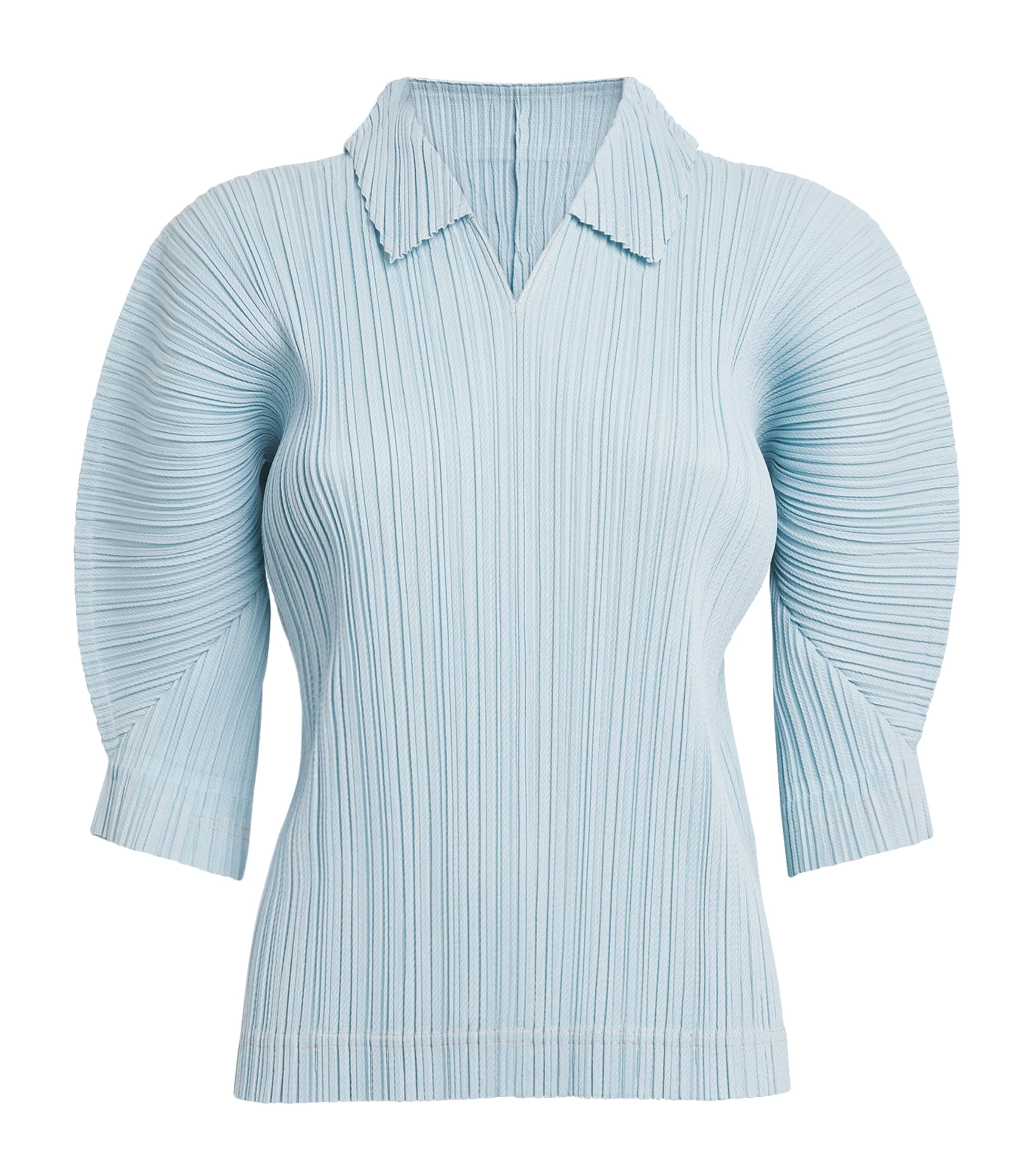 Pleats Please Issey Miyake Womens Cotton Denim Collared Top Light Blue Image 1