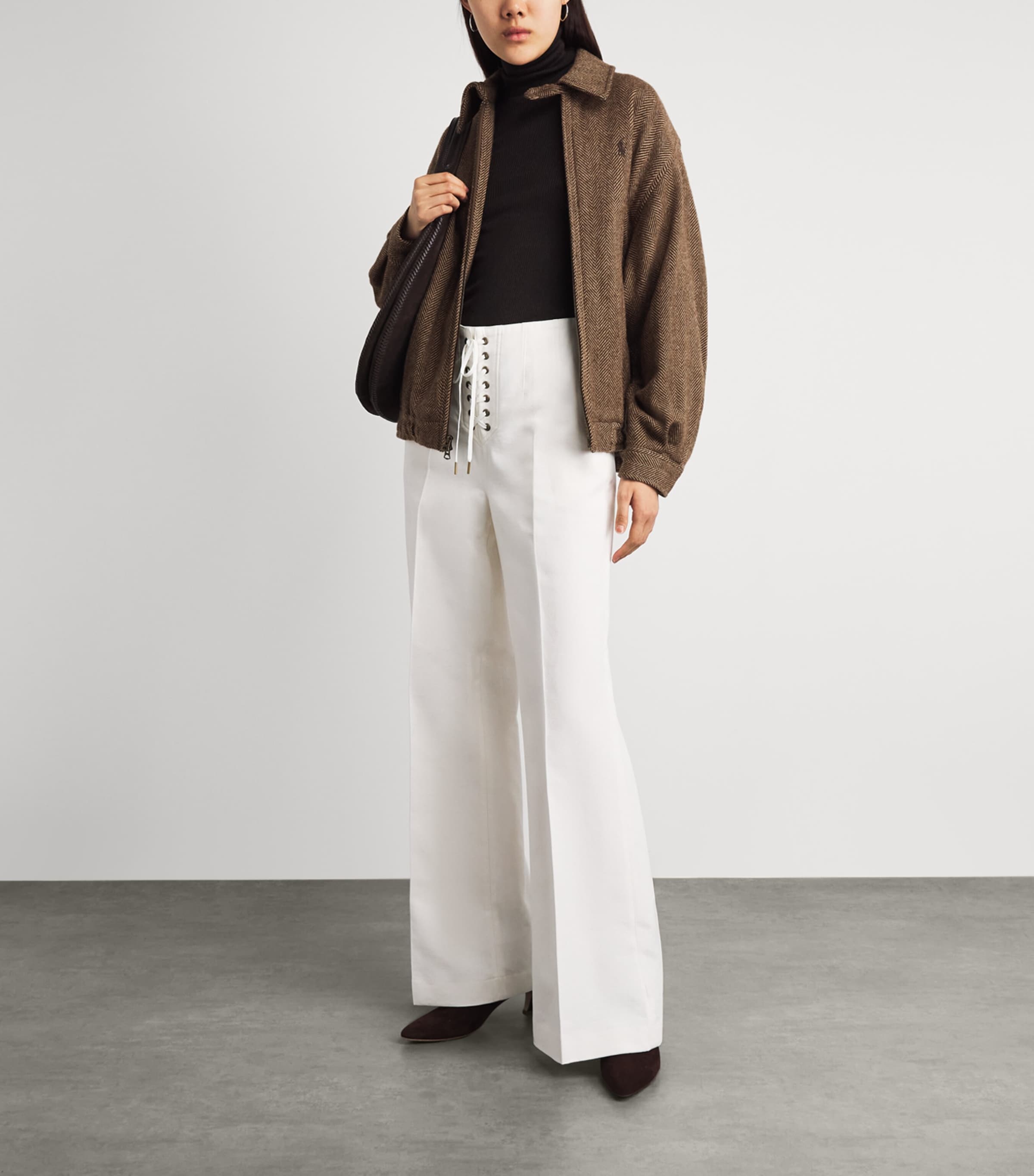 Polo Ralph Lauren Womens Wool Herringbone Bomber Jacket Brown/tan Herringbon Image 2
