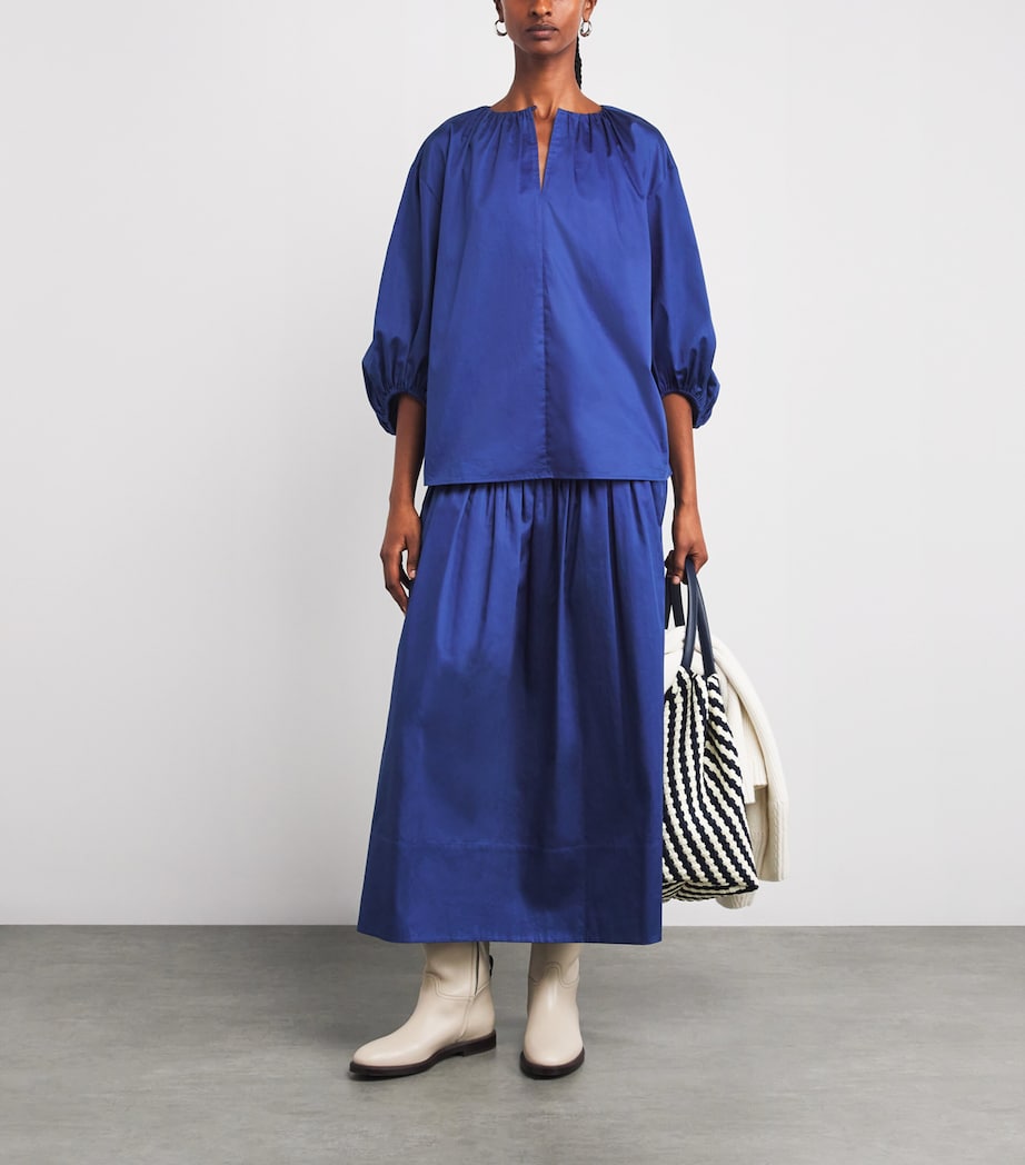 Cotton Gathered-Neck Godin Blouse COBALT Image 2