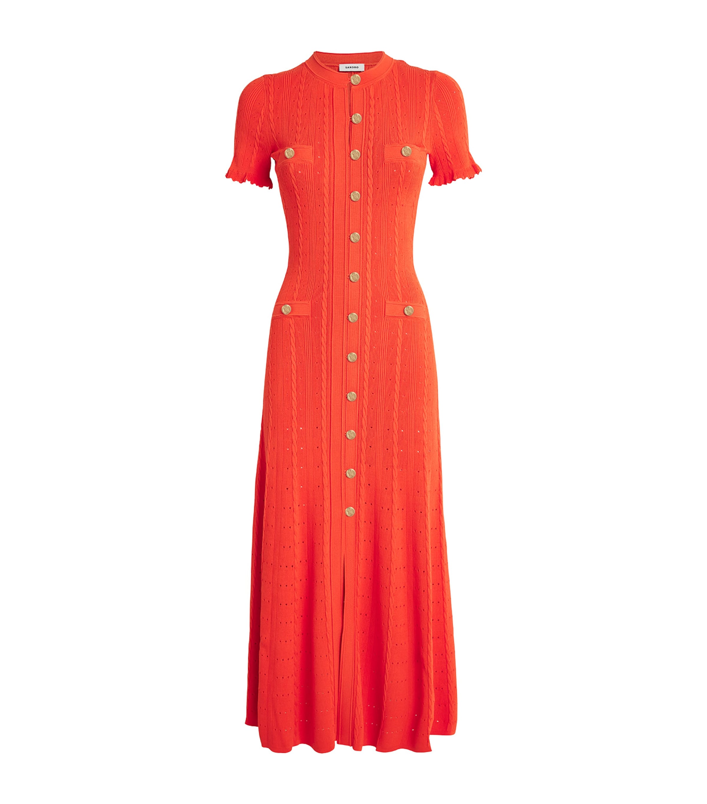 Sandro Knitted Perforated Midi Dress In Red