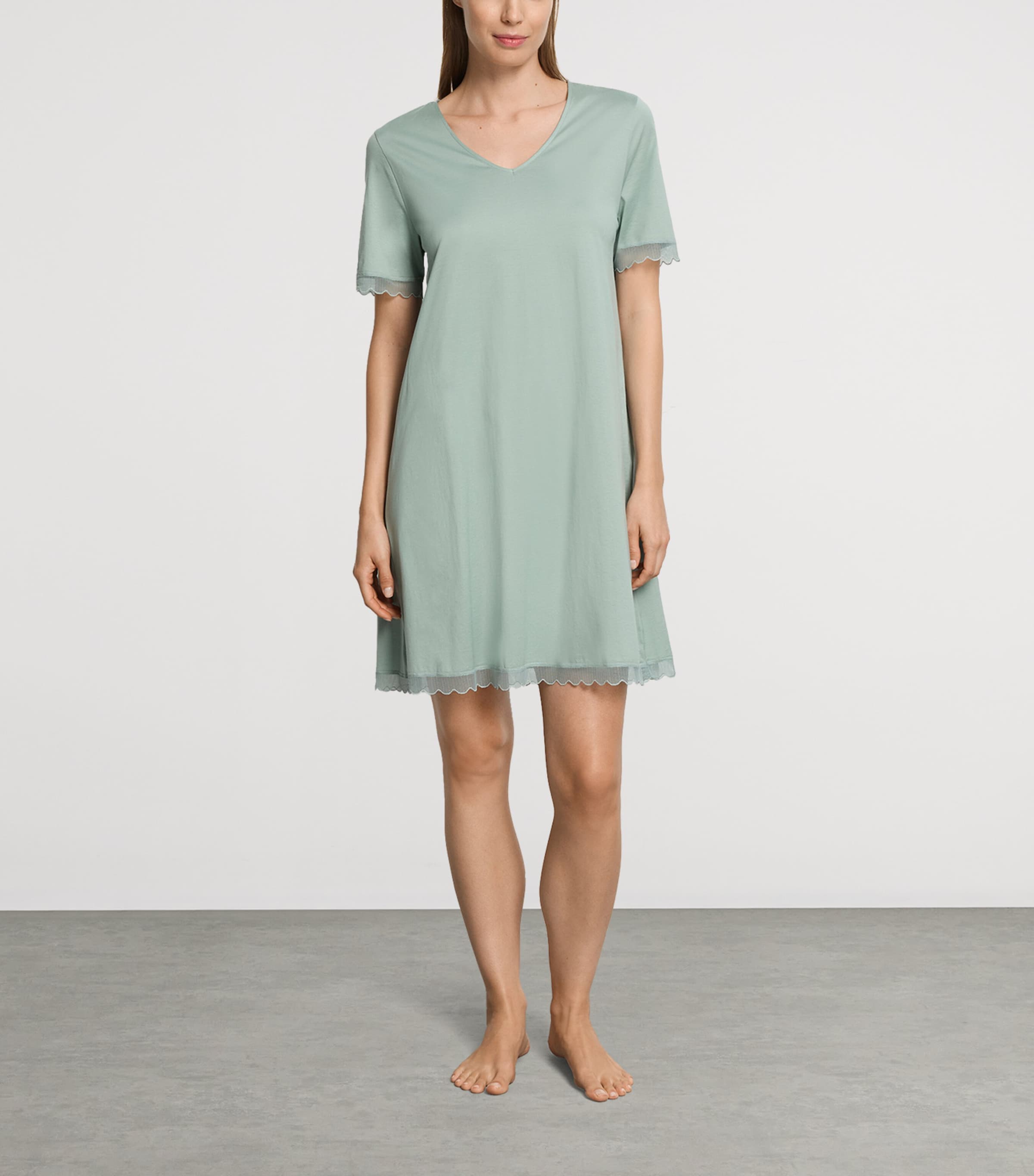 Hanro Womens Cotton Short-Sleeve Inaya Nightdress Dark Seafoam Image 4