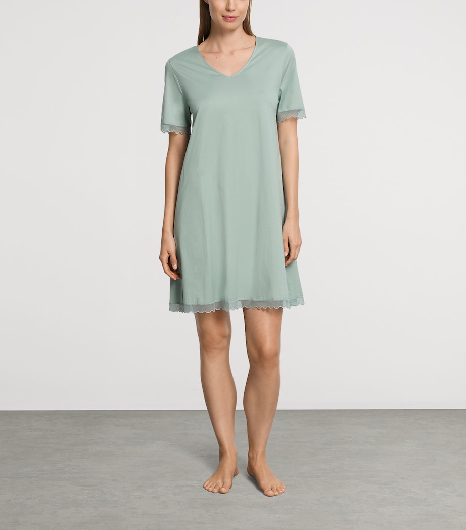 Hanro Womens Cotton Short-Sleeve Inaya Nightdress Dark Seafoam Image 4