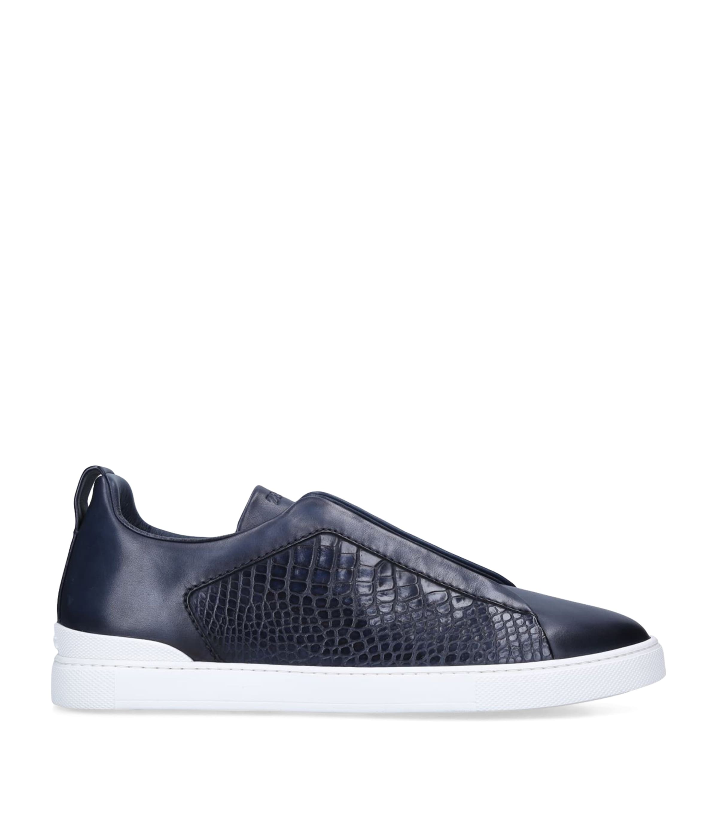 Zegna Crocodile Leather Triple Stitch Sneakers Navy Image 3