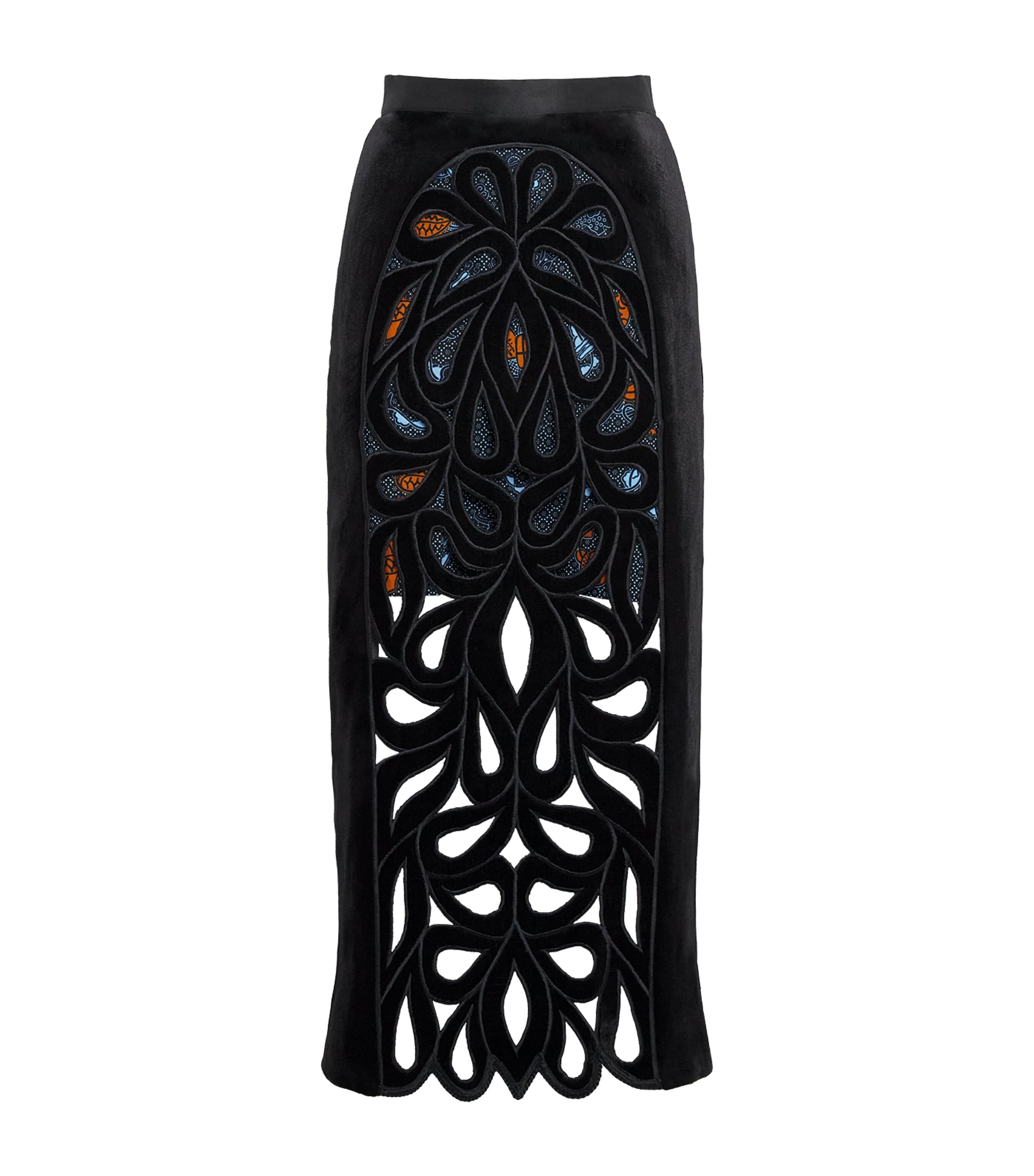 Christie Brown Velvet Cut-Out Pencil Midi Skirt Blk