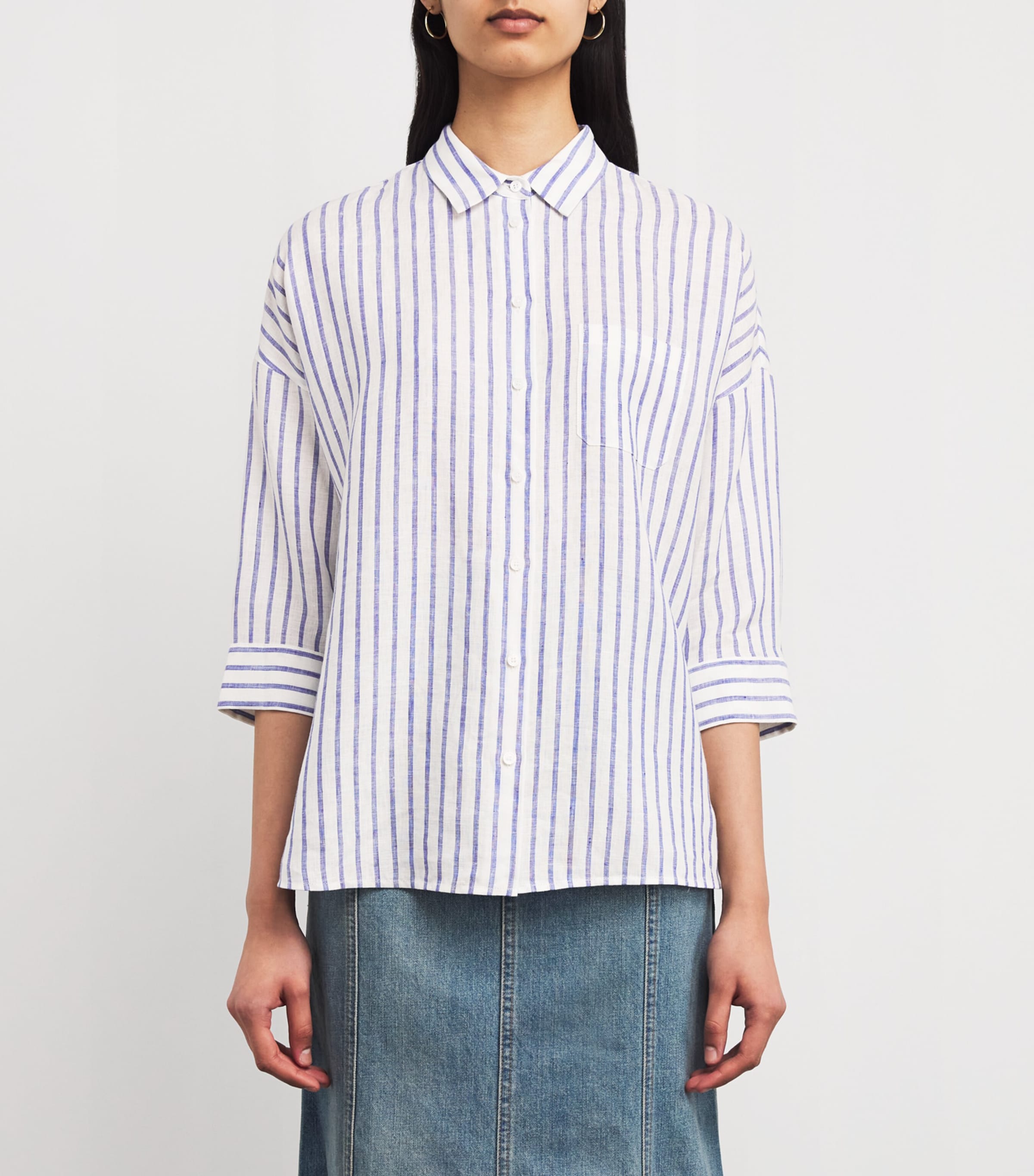 Weekend Max Mara Womens Linen Stripe Shirt Cornflower Blue Image 3