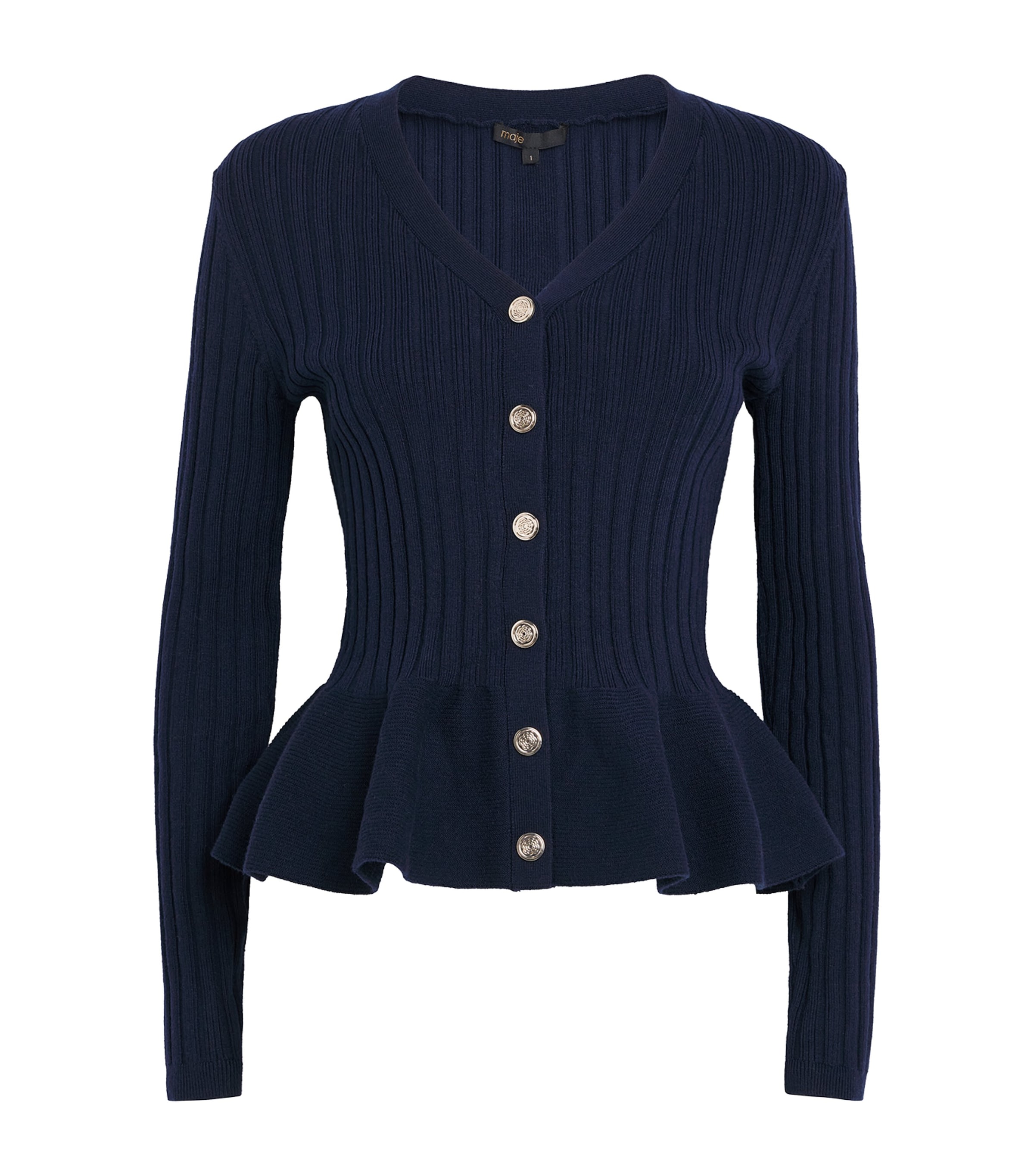 Maje Womens Navy V-neck Peplum-waist Stretch-knit Cardigan In Blue