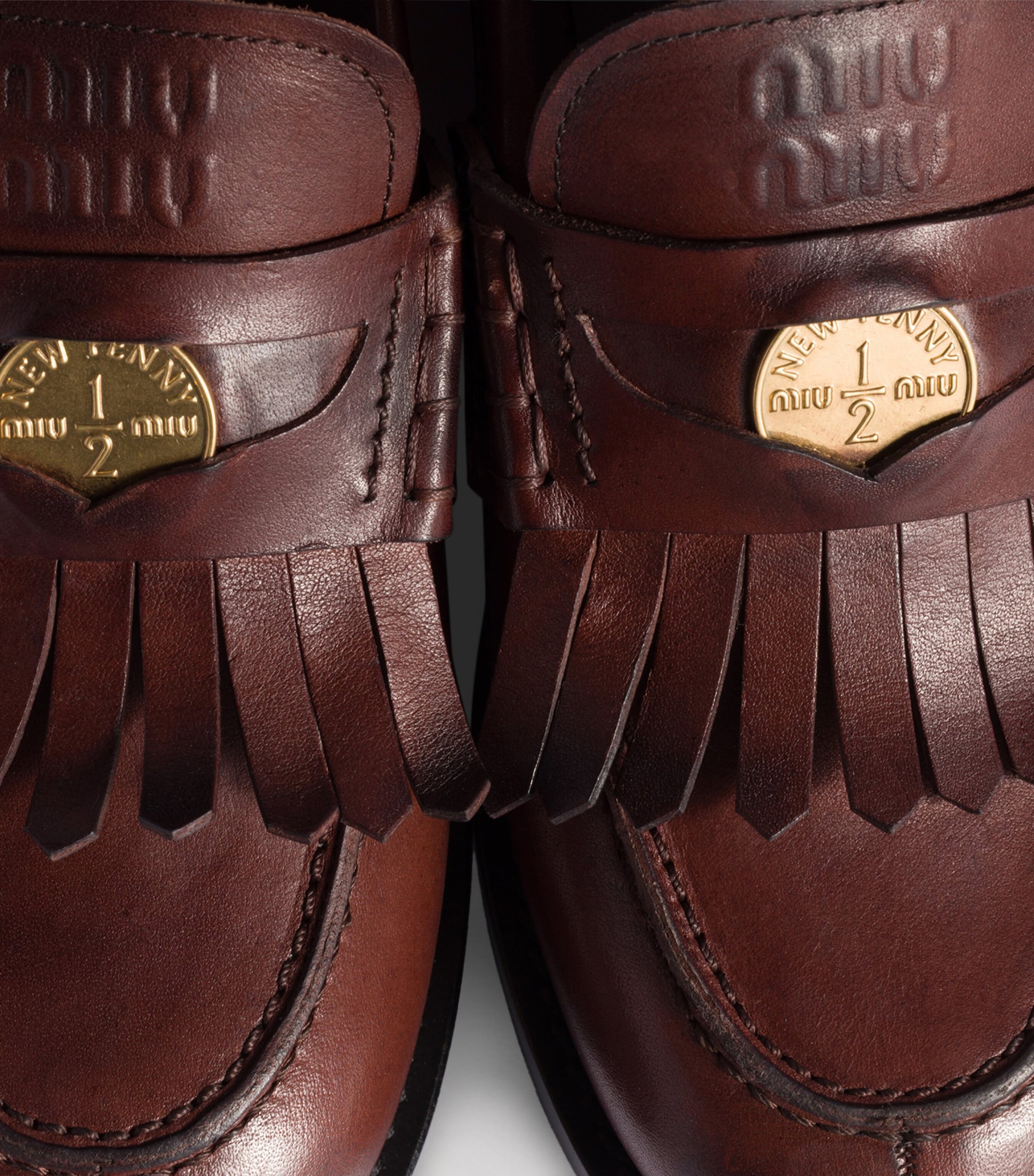 Miu Miu Womens Leather Coin Penny Loafers Brown Image 4