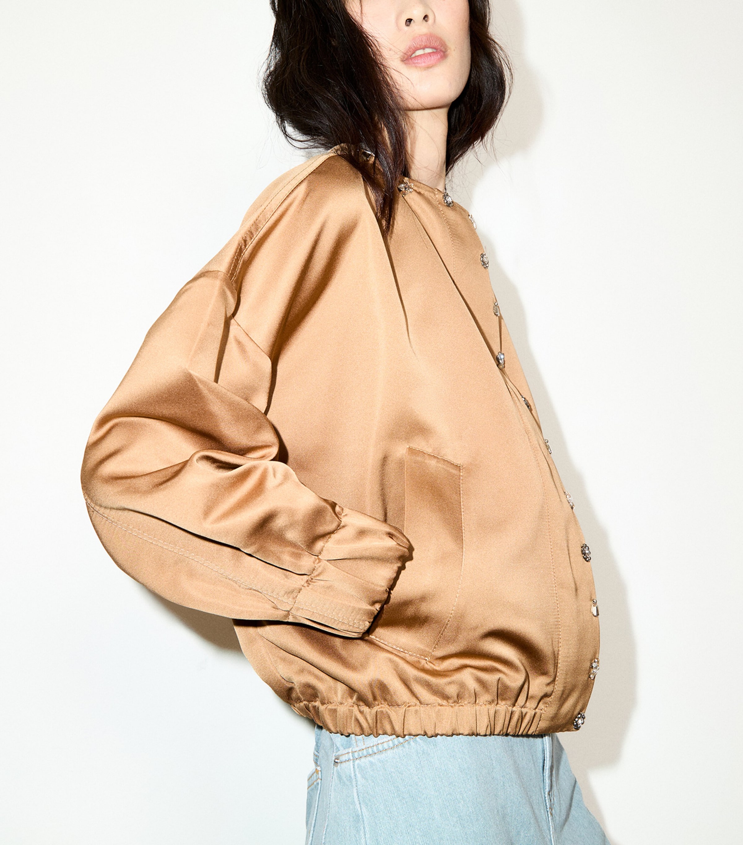 MAX&Co. Womens Satin Bomber Jacket Beige Image 4