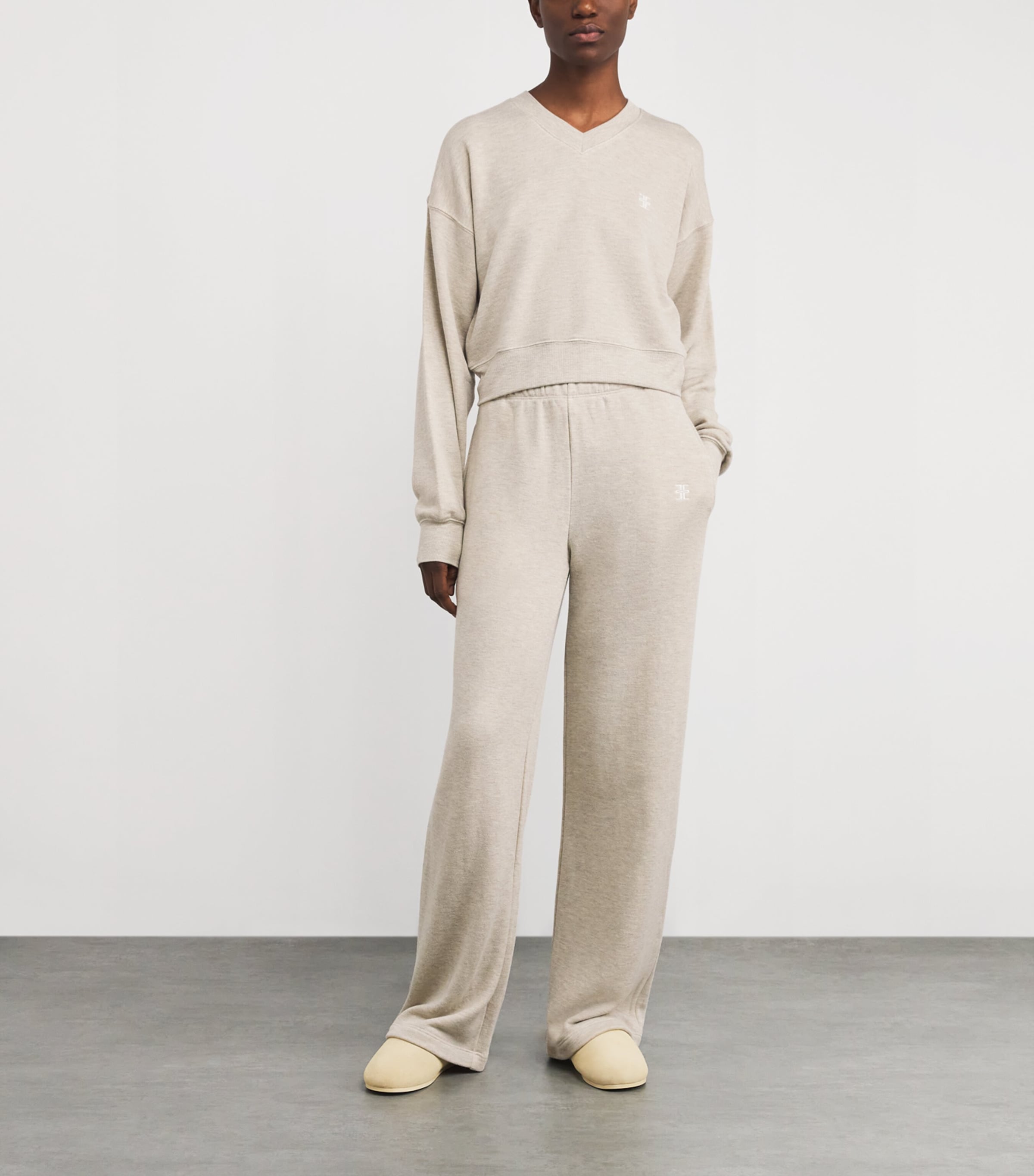 ÉTERNE Womens Cotton French Terry Cropped Sweatshirt Hoat Heather Oatmeal Image 2