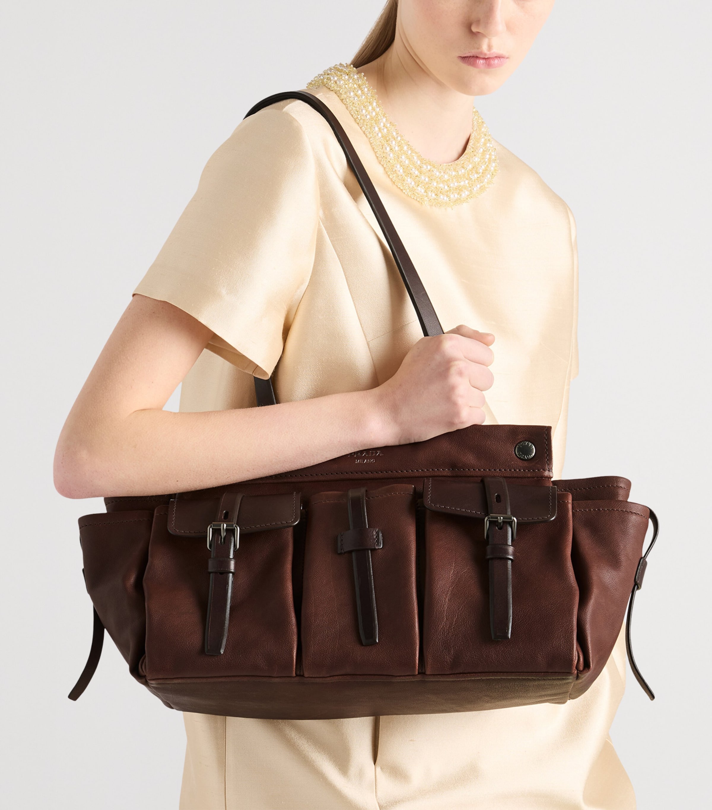 Prada Womens Large Buffalo Leather Route Tote Bag Brown Image 2