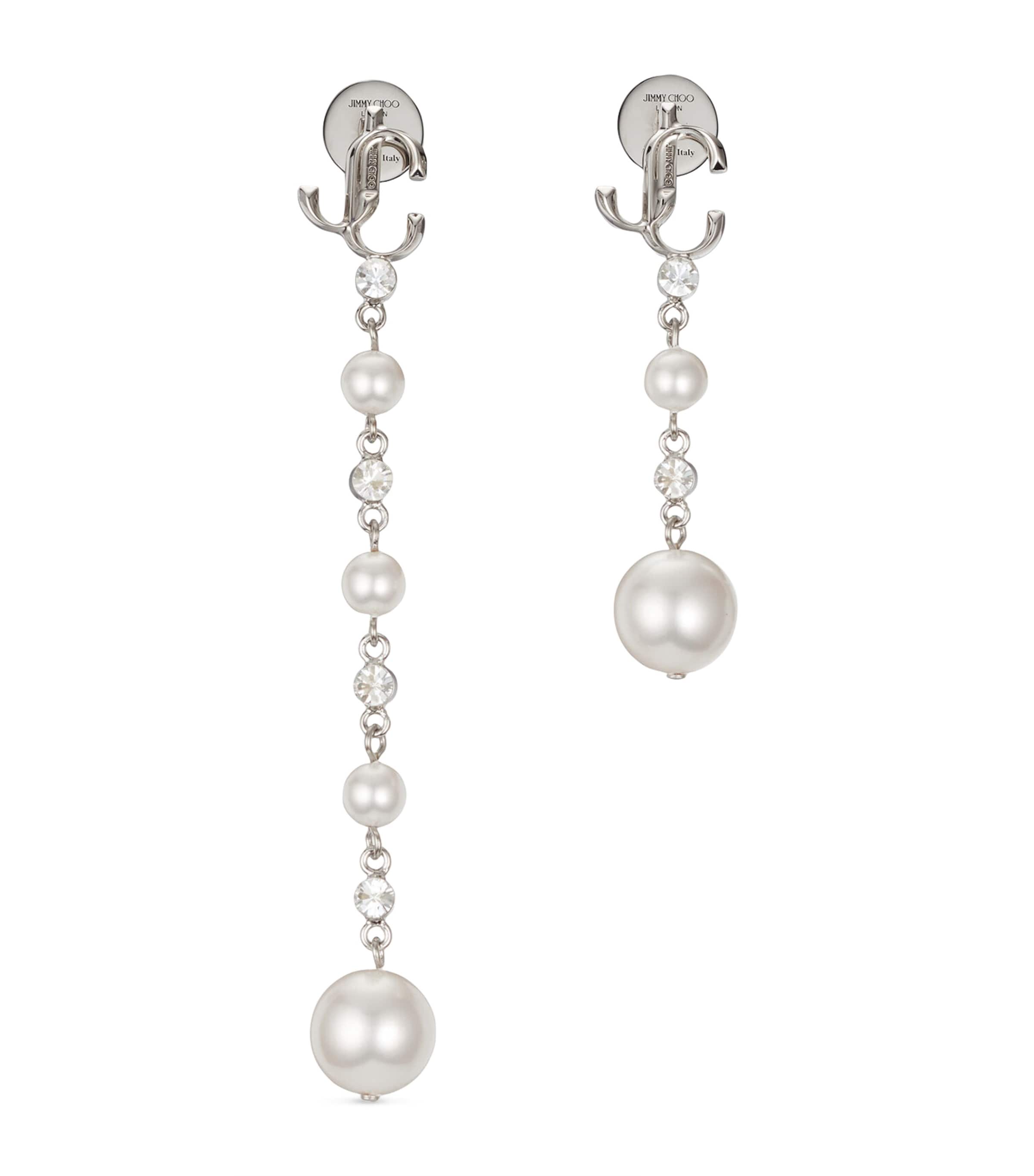 Jimmy Choo Crystals And Pearls Logo Drop Earrings In Silver