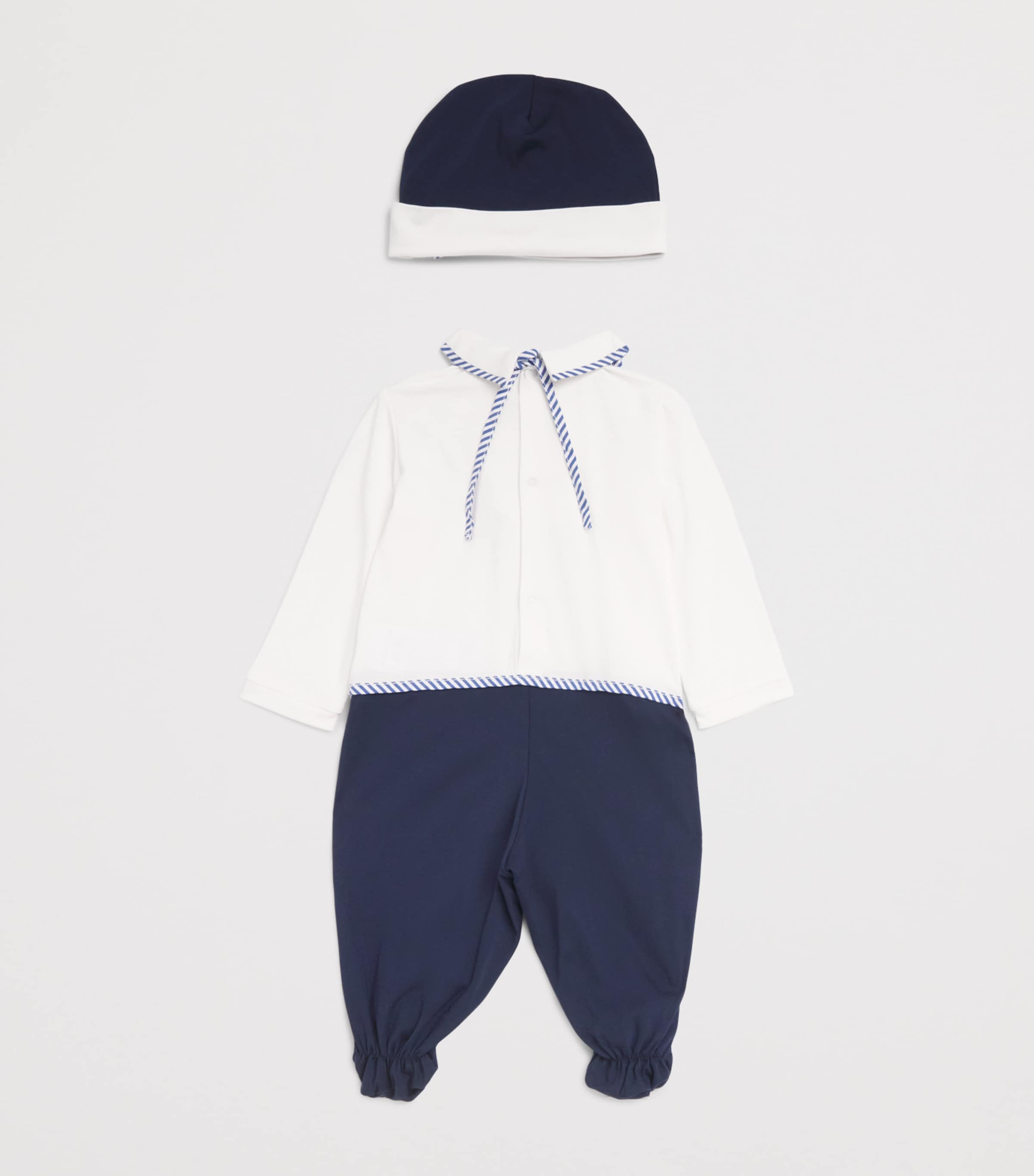 Monnalisa Stripe Trim All-In-One, Bib and Hat Set (1-9 Months) Cream+blue Image 2