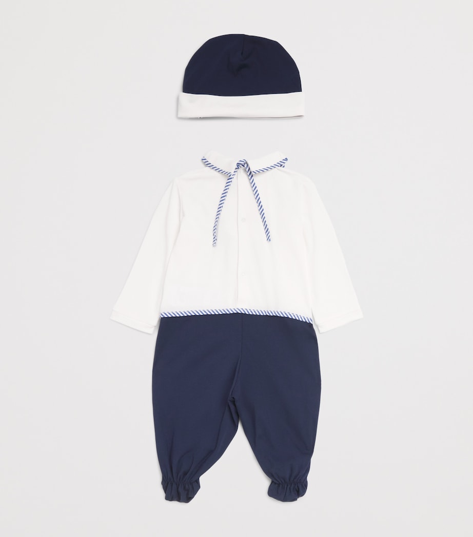 Monnalisa Stripe Trim All-In-One, Bib and Hat Set (1-9 Months) Cream+blue Image 2